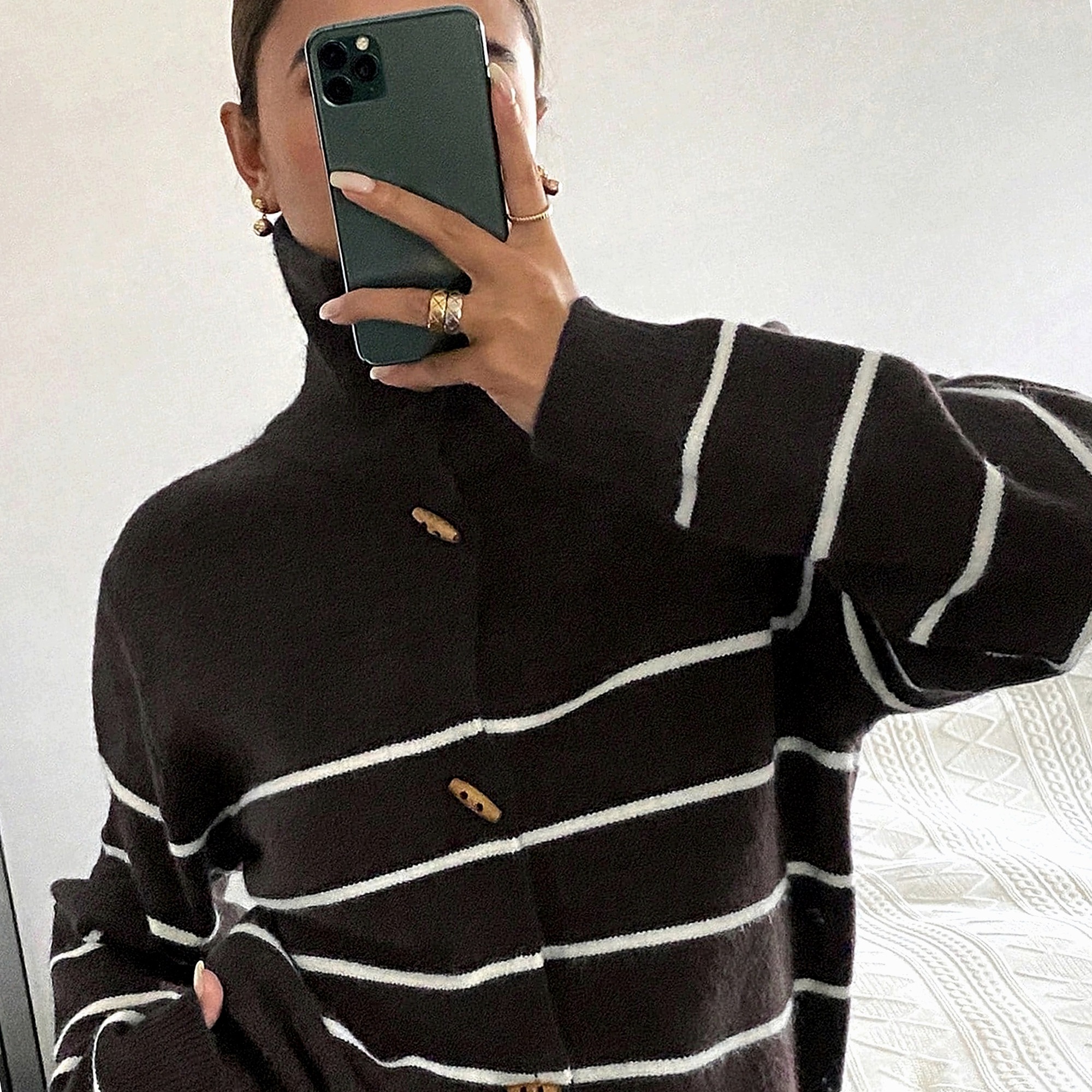 Dámský kardigan Casual Svetr Ležérní Čokoládový s pruhy Dlouhý rukáv Xs 34