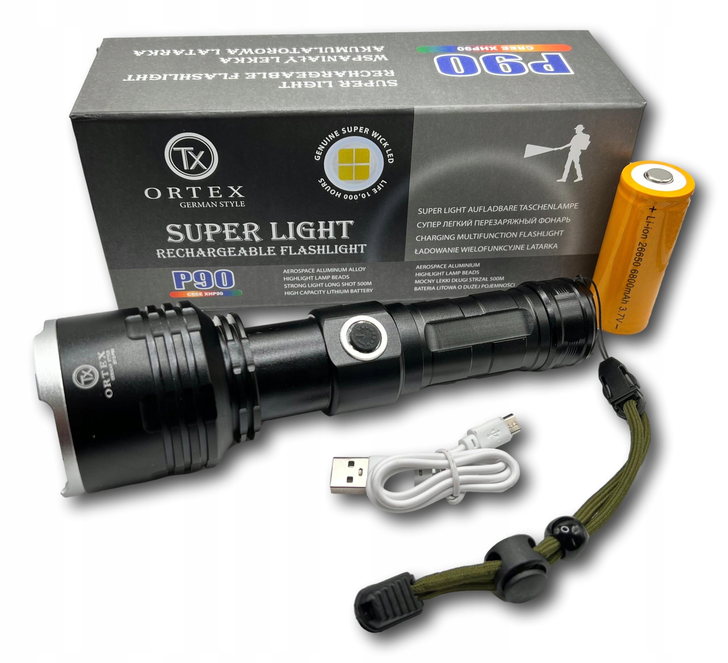 

Latarka Akumulatorowa Szperacz Mocna Jasna Led Usb