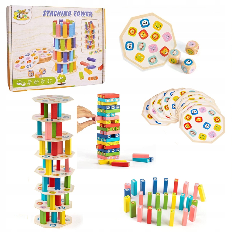 

Gra drewniana kolorowa wieża zwierzaki klocki