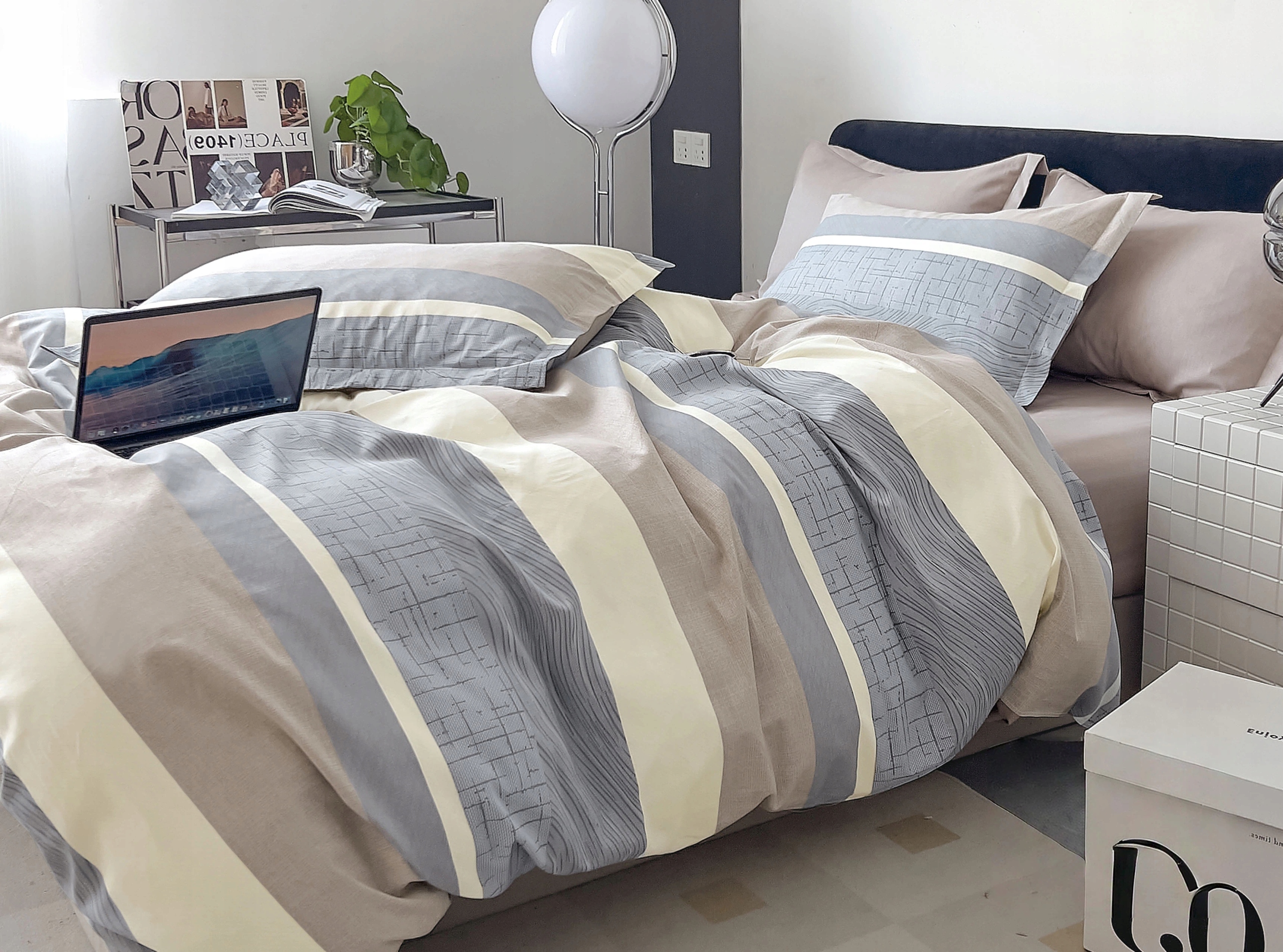 Bavlněná pruhovaná sada povlečení na peřinu s 2 povlaky na polštáře pro dvoulůžko