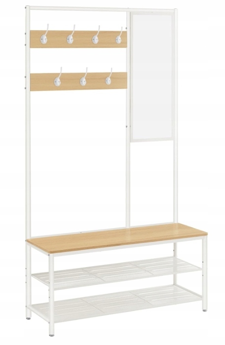 Vešiak na oblečenie s háčikmi zrkadlo lavička 35x98x180 cm moderný biely