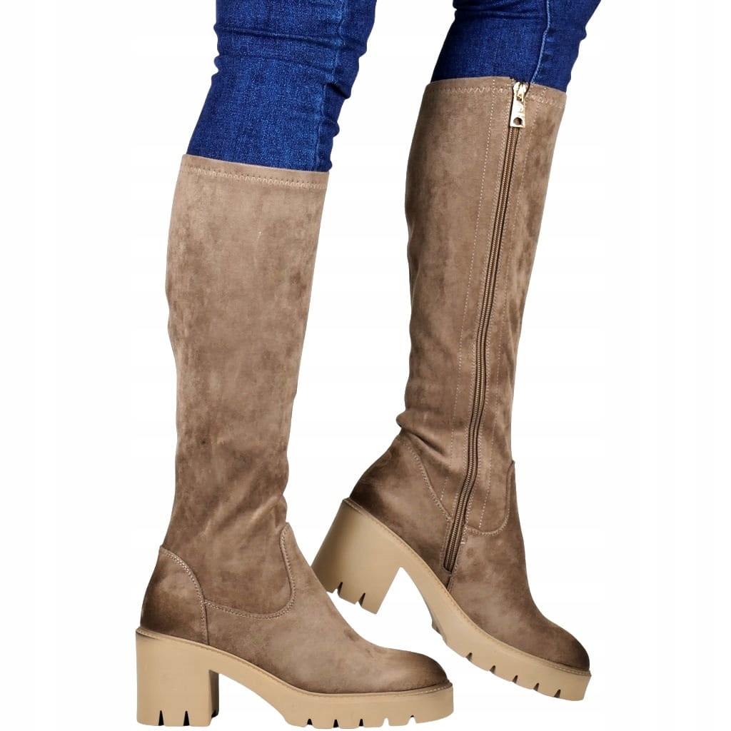 Dámské Kozačky Na Podpatku, Béžové, Semišové, Přiléhavé