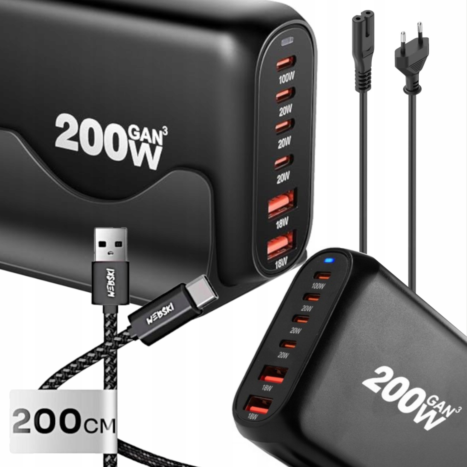 Výkonná Síťová Nabíječka Stolní Nabíjecí Stanice 200W GaN Qc