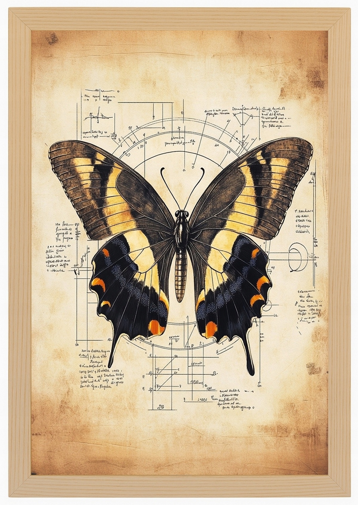 Plakát Rámeček Dřevěná Grafika, Styl Da Vinci, Kresba Motýla Na Papyrusu, 40x60