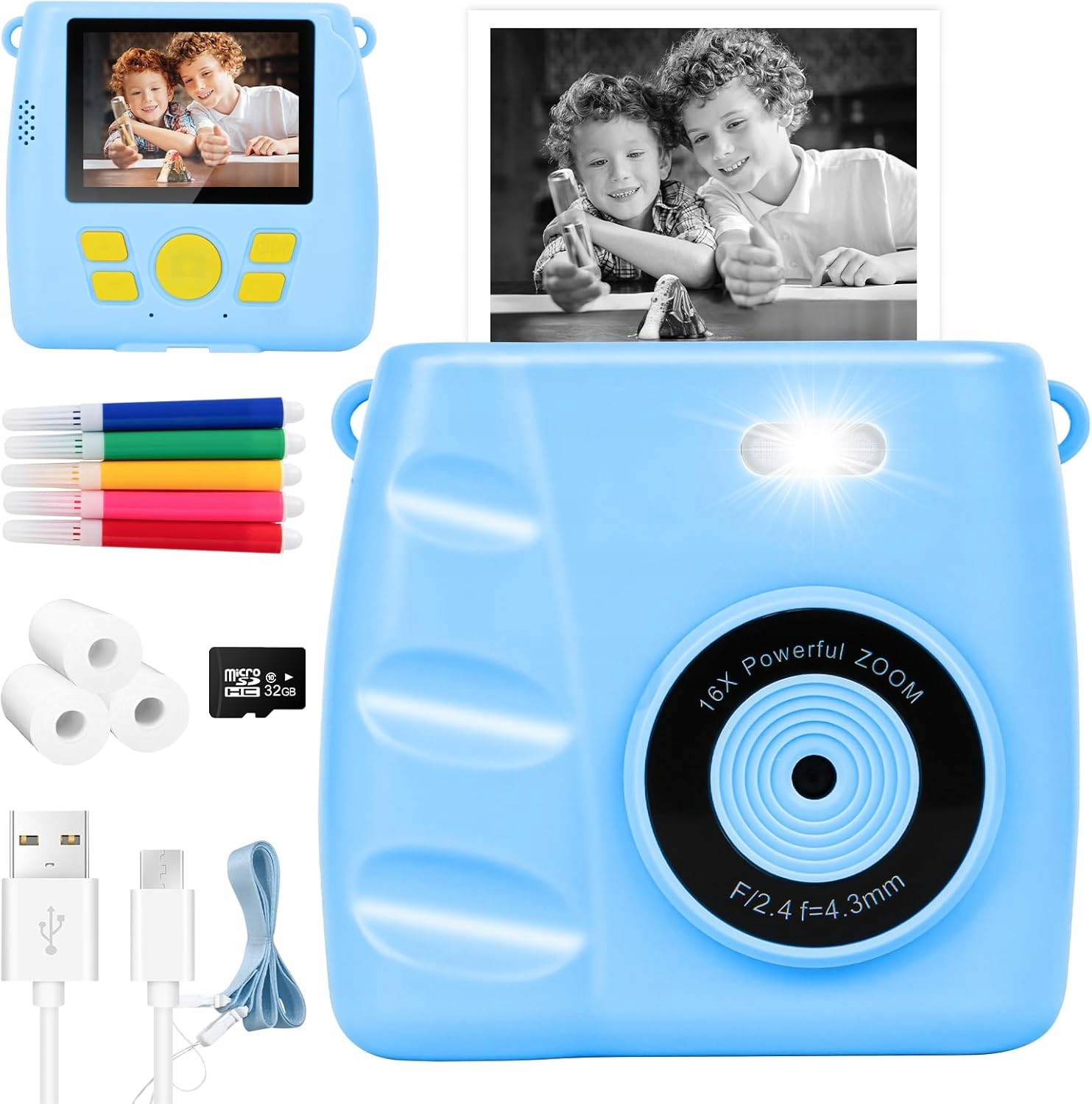 Mini Termální Tiskárna Instantní Fotoaparát 32GB 2.4'' 3 Role Bonus