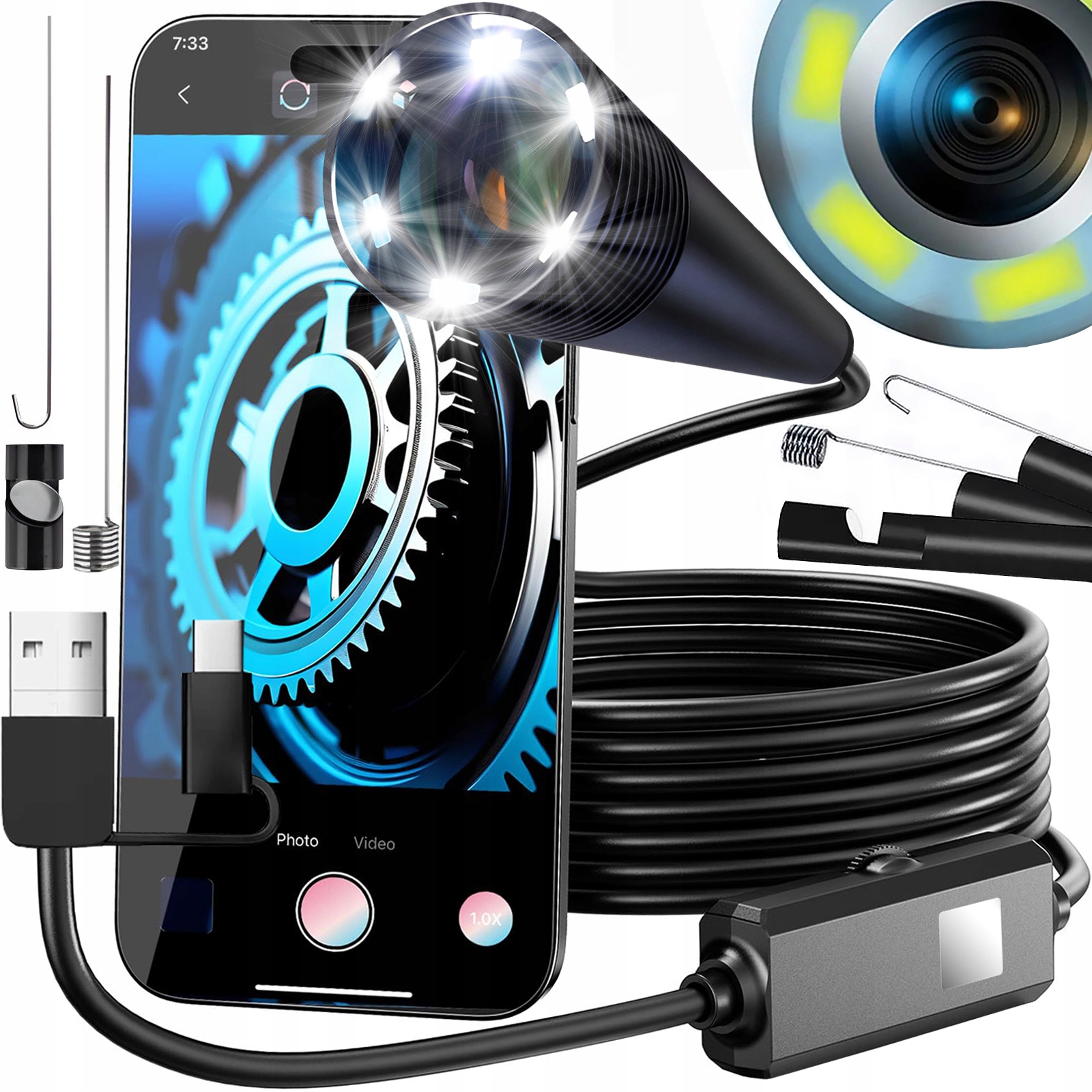 KAMERA INSPEKCYJNA ENDOSKOP LED USB DO TELEFONU PC FULL HD 1080P IP68