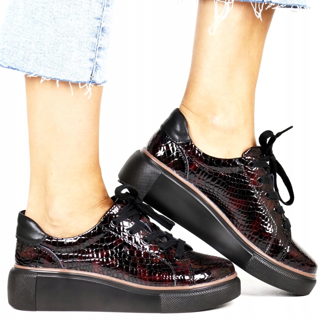 Vínové Kožené Polobotky Platforma Krokodýl Lak Módní Dámské Boty