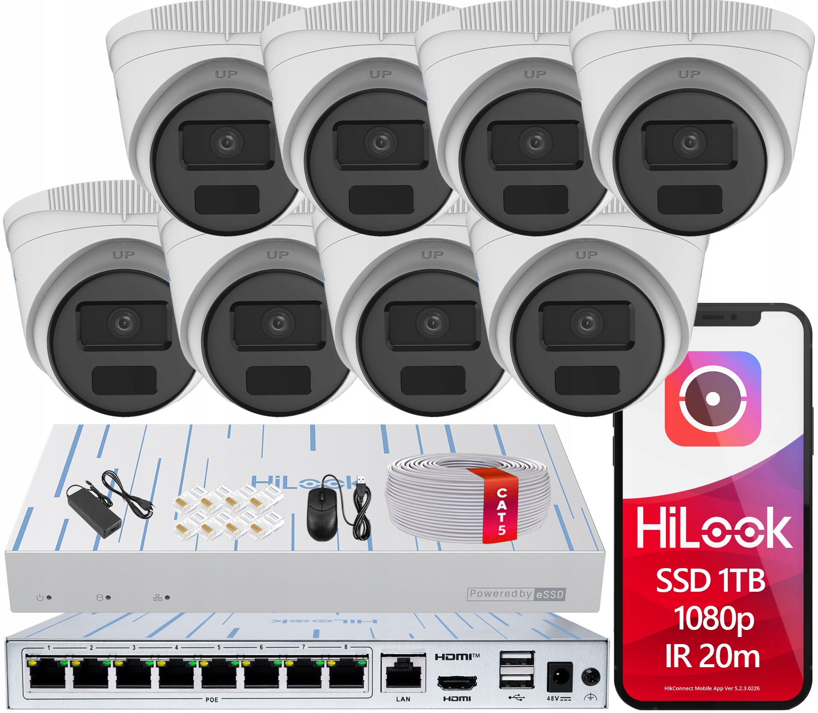 Ip monitorování Komplet 8 kamer 2Mpx Fhd Záznamník 8 kanálů Ssd 1TB Aplikace