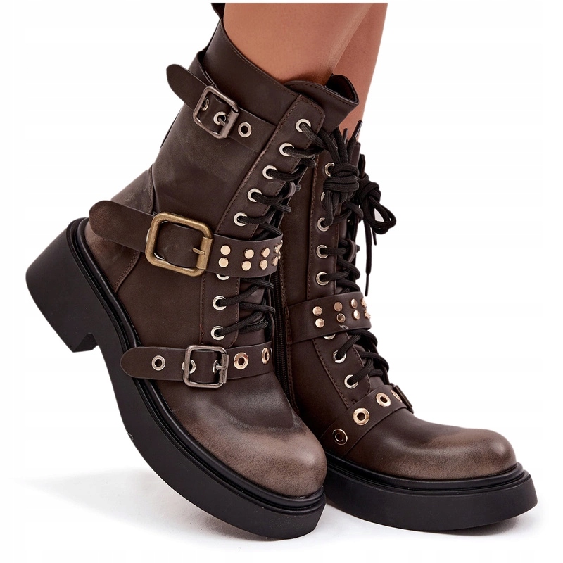 Kotníkové Boty Workery Eko Kůže Na Zip Zateplené Pásky S Přezkami Hnědé 40