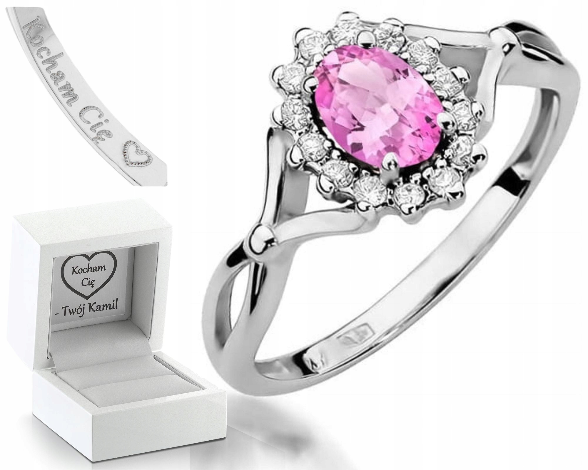 Zásnubní Prstýnek Růžový Safír Brilianty Bílé Zlato Gravírování 585