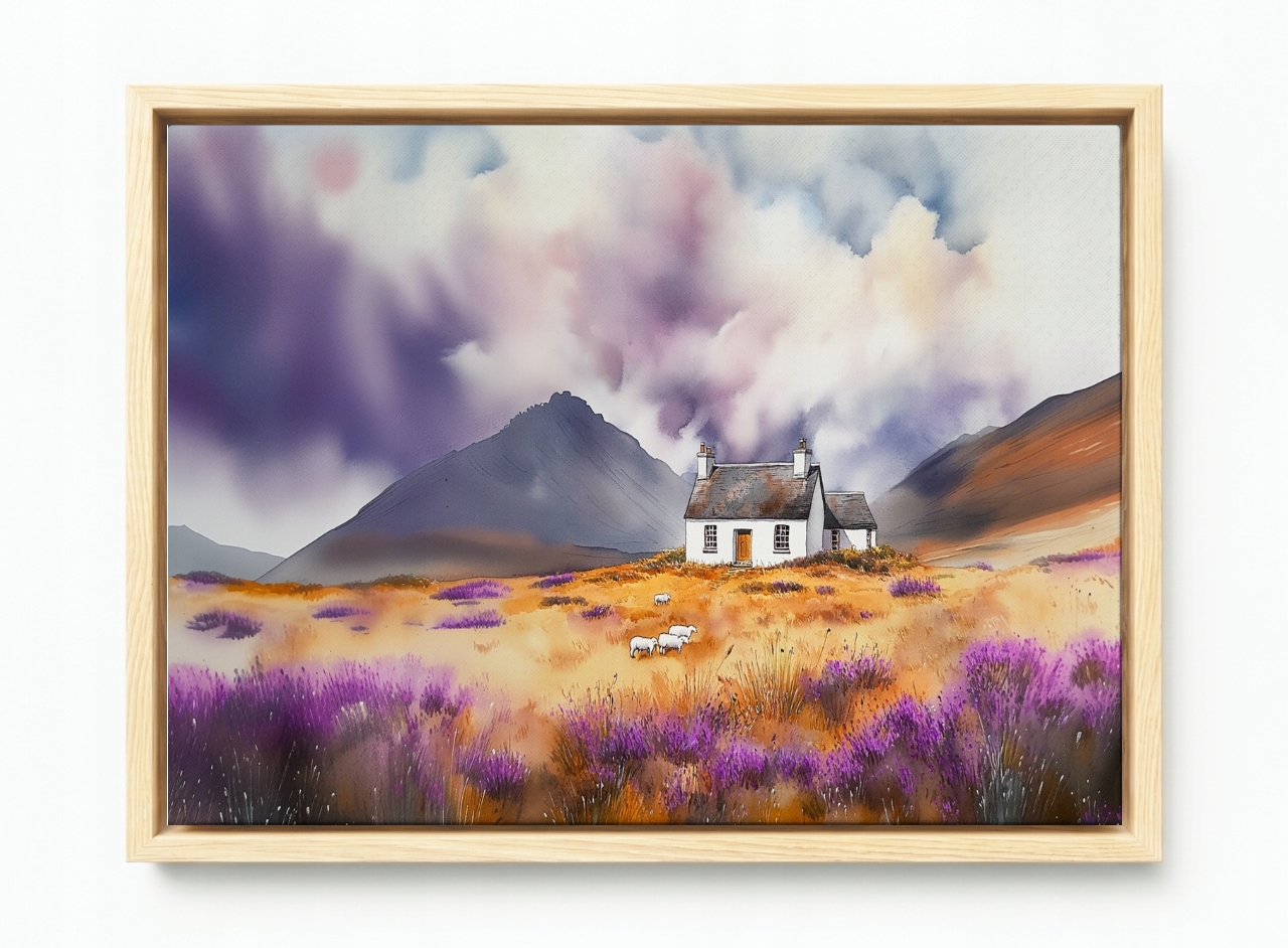 Obraz Rám Americký Box Krajina Skotsko Highland Hory Dům Vřesy Ovce 60x40
