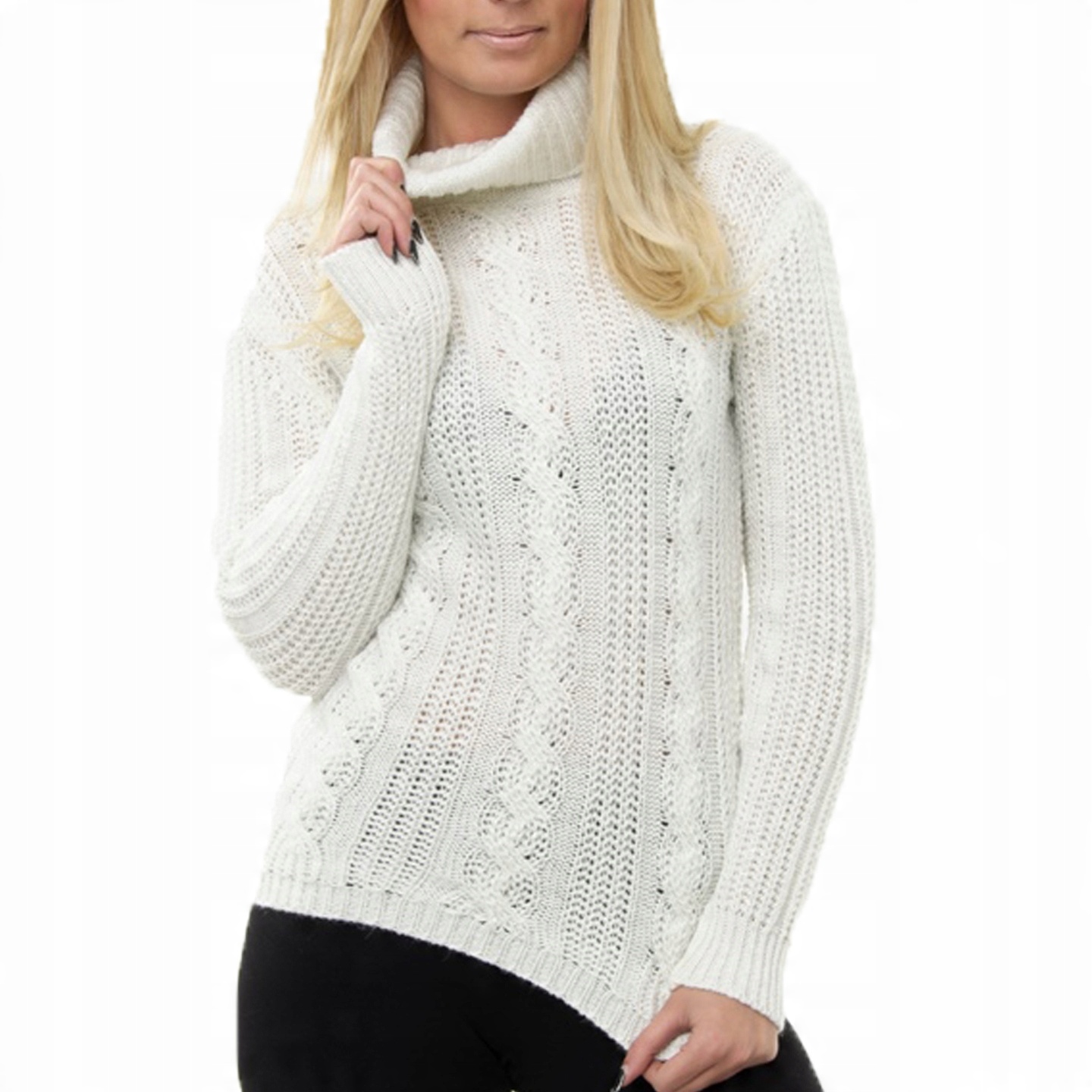 

F93 Sweter Damski Golf Rękaw Ecru M/L/XL