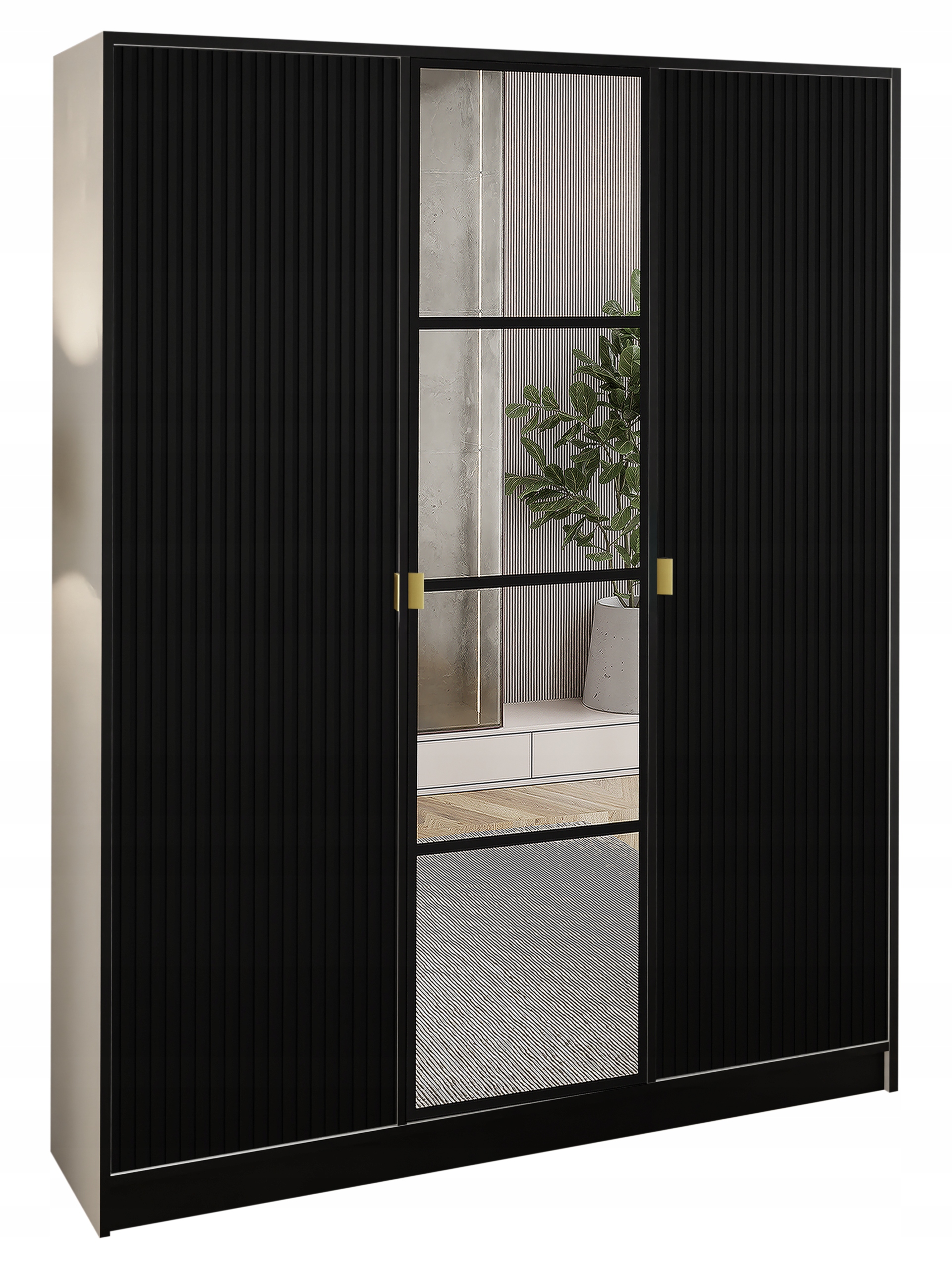 Skříň Lumi 157 3D bílá černá drážkovaná se zrcadlem úchytka eden Pln