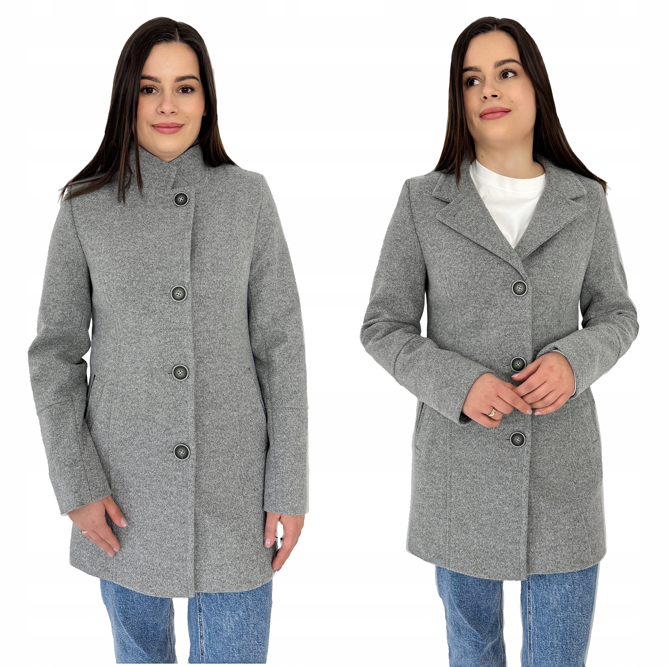 Jarní kratší dámský kabát s podšívkou a zapínáním na stojáček Šedý 38