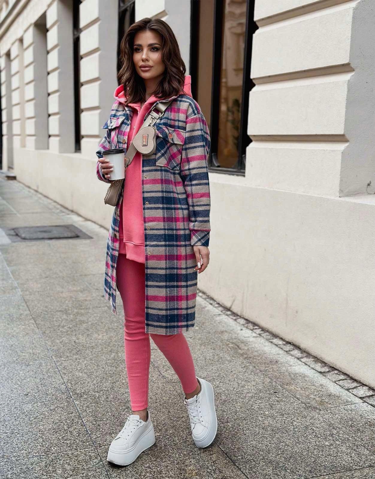 ELEGANCKI DŁUGI WIOSENNY PŁASZCZ KRATA LA BALANCIA S/M Kolor wielokolorowy