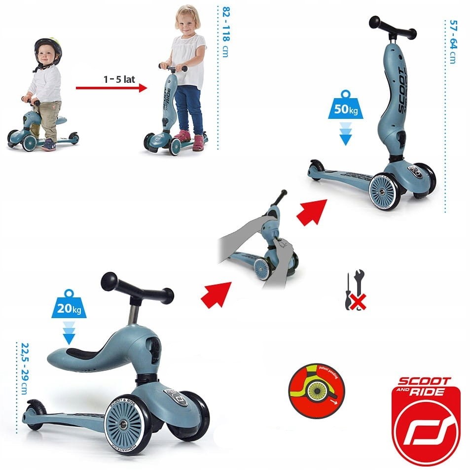 SCOOTANDRIDE STEEL ZESTAW HULAJNOGA Jeździk 2w1 + KASK z LED XXS do S 1+ Rodzaj trójkołowa