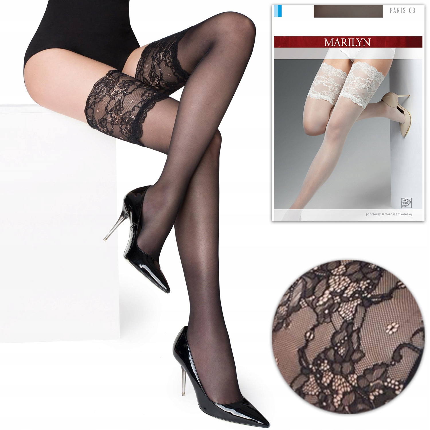 Samonośne pończochy z szeroką koronką Paris 03 3/4