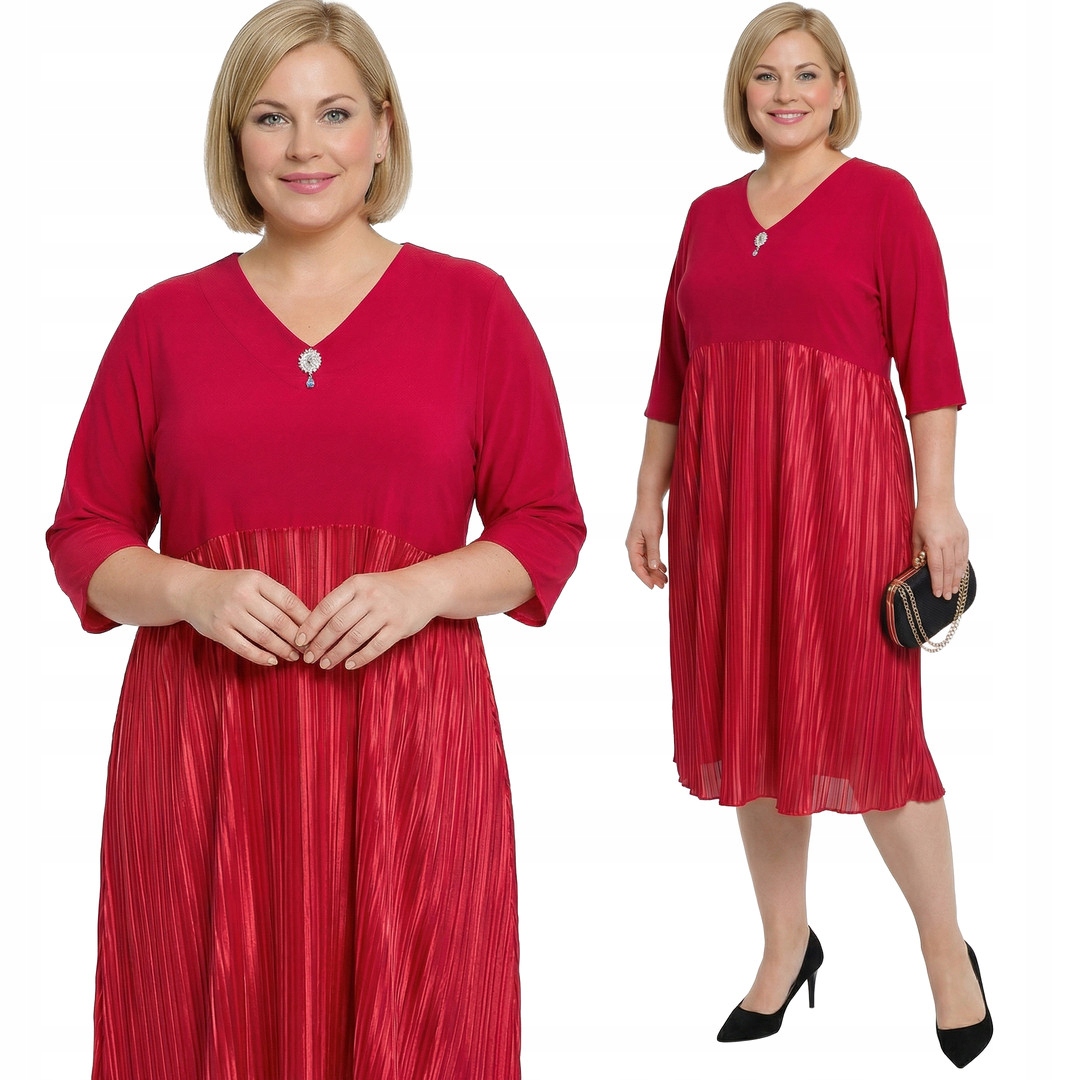 Malinová šaty s broží, plisovaný spodní lem a velikost velikost 52/54