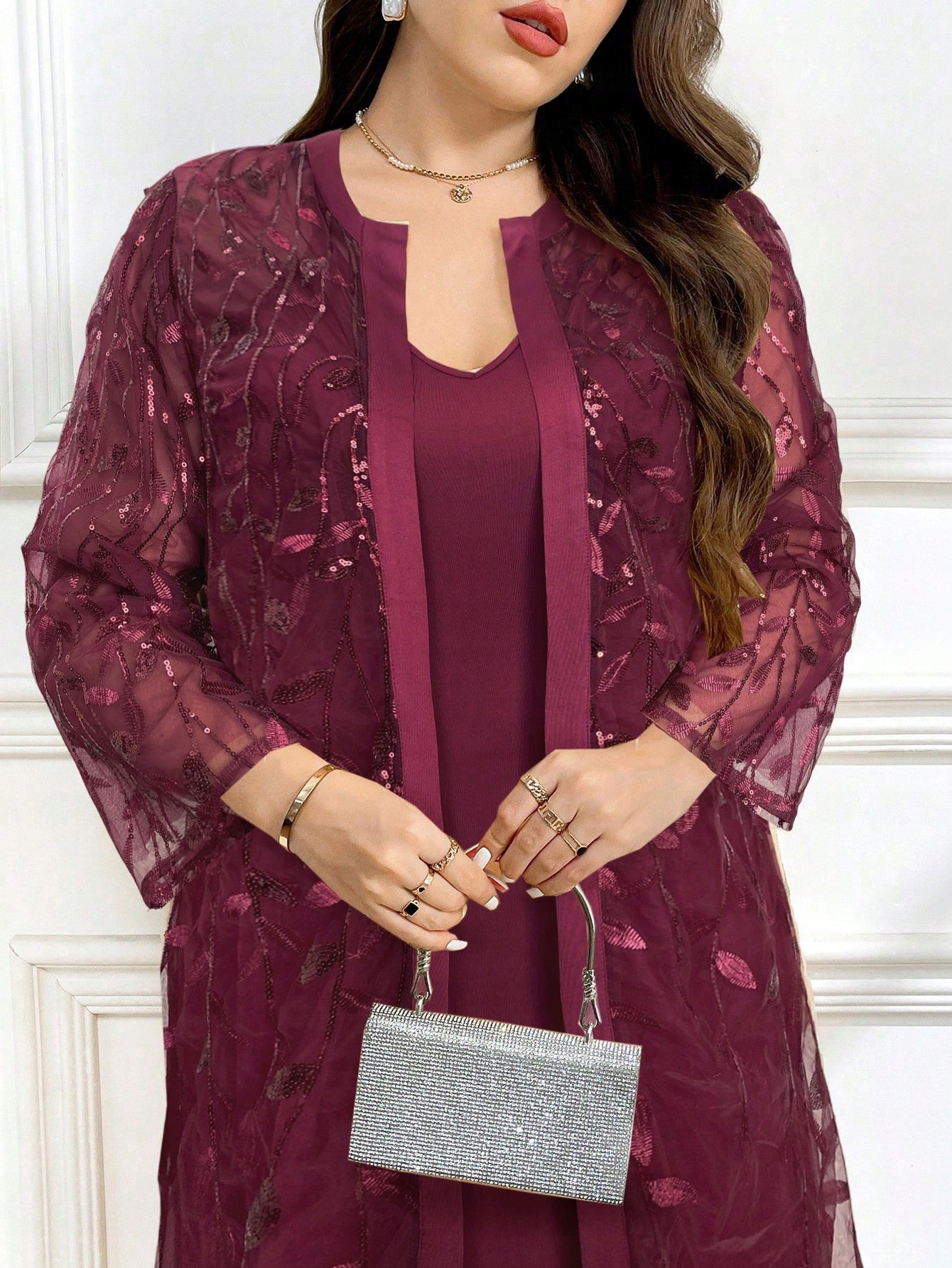 Dámský Večerní Set Burgundský Flitrový MIDI Shein 5XL 50