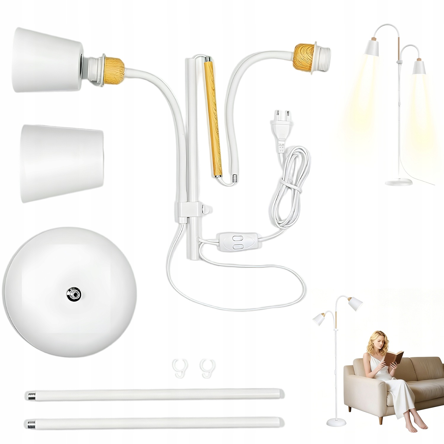 Bílá Podlahová Lampa E27 Dvouhlavá, Kov, Dřevo, 60 W, Bez Žárovky