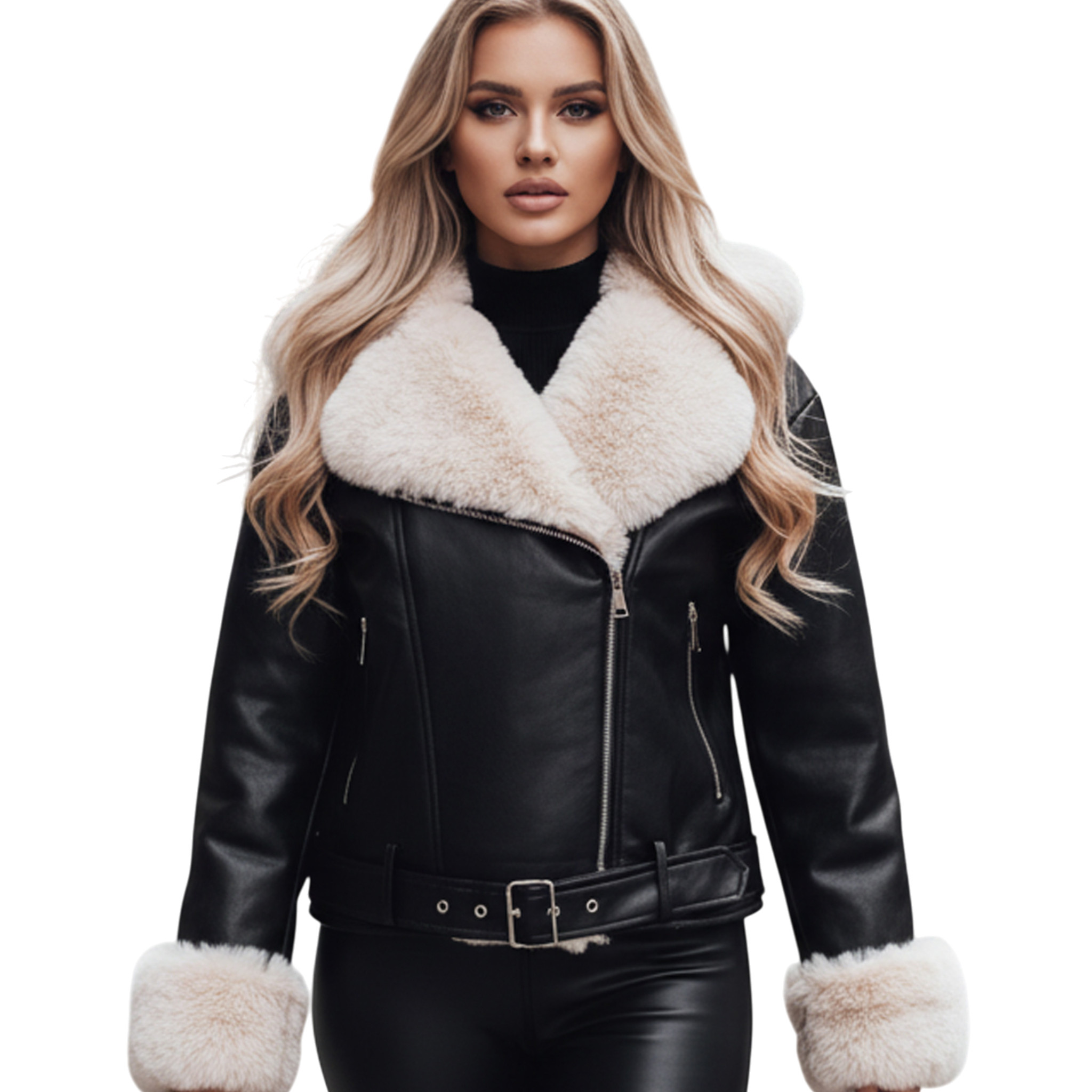 Damska kurtka skórzana ramoneska z futerkiem czarna TY5118z L