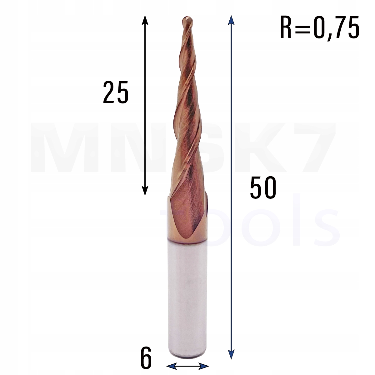 Frez stożkowy kulowy 3D 6 x 25 x 50 R0.75 HRC55 5.29°