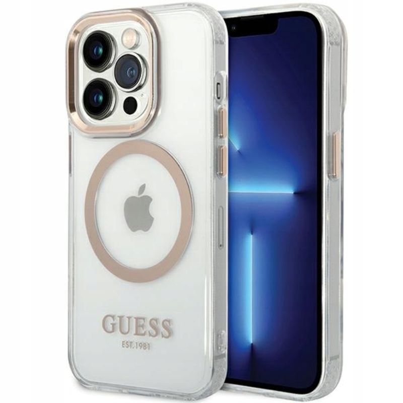 Guess Metal Outline Magsafe Pouzdro pro iPhone 15 (průhledný zlaté)