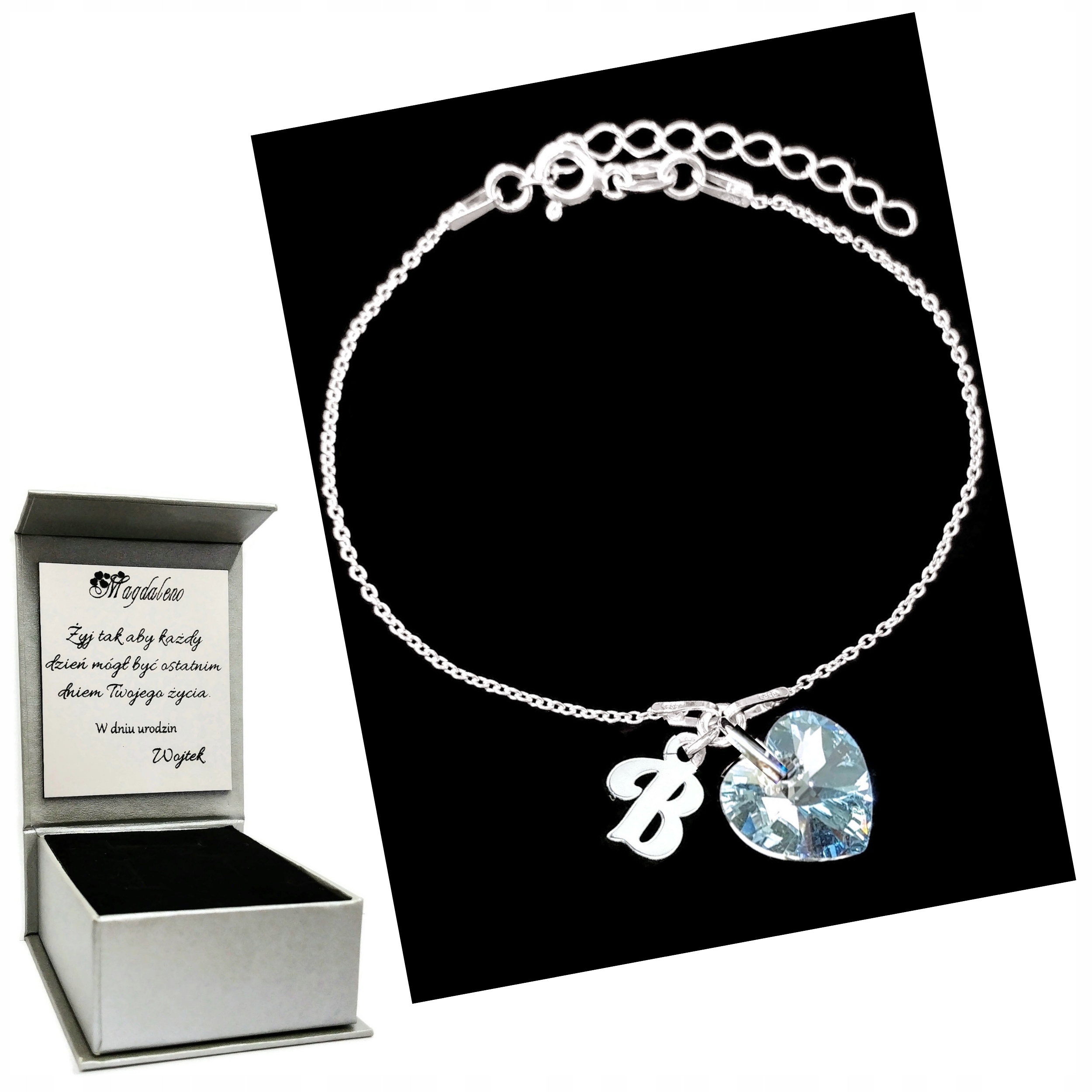 

Bransoletka Litera B Serce Swarovski Grawer Srebro