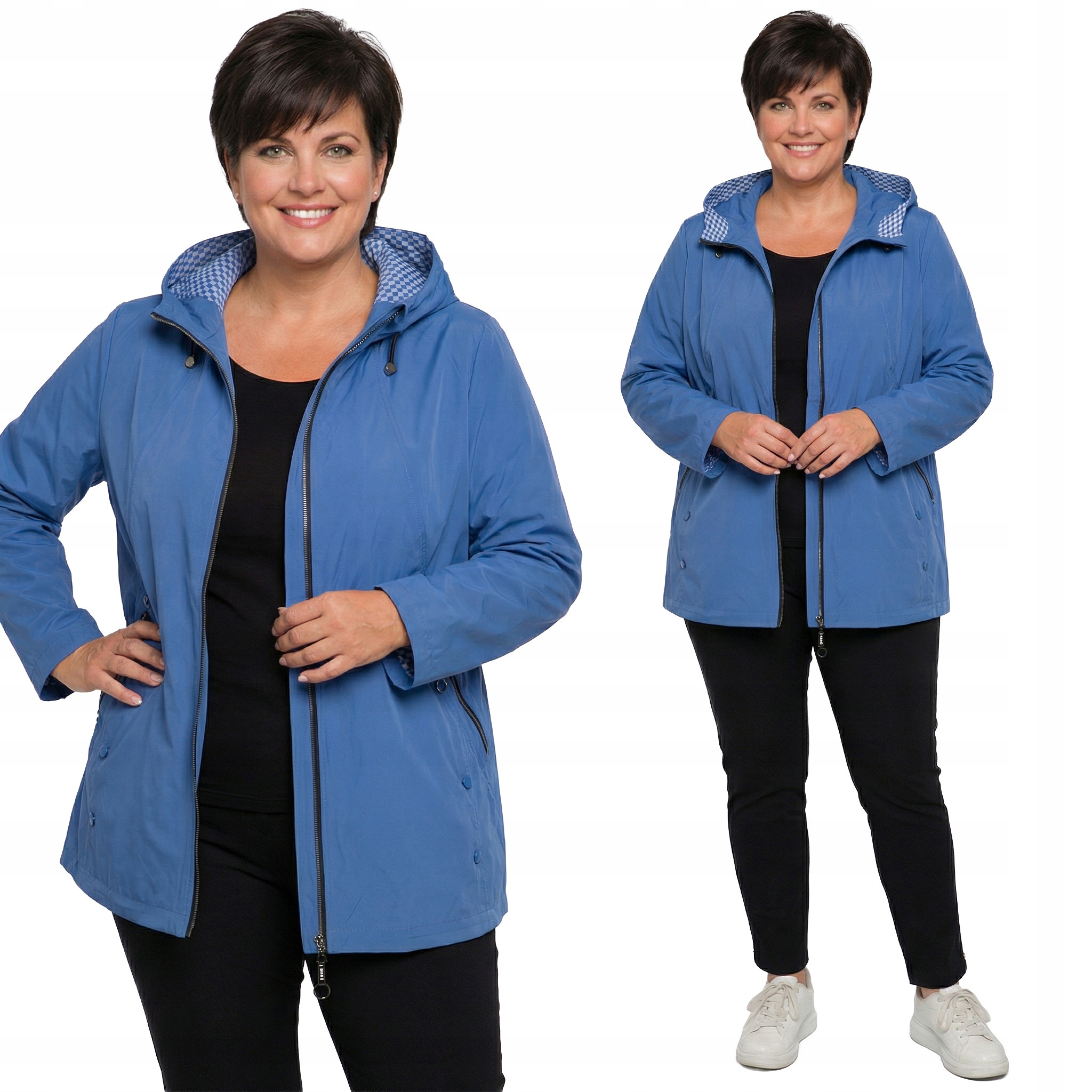 Modrá bunda kapuce s kostkovaným vzorem a velikostí velikost 54