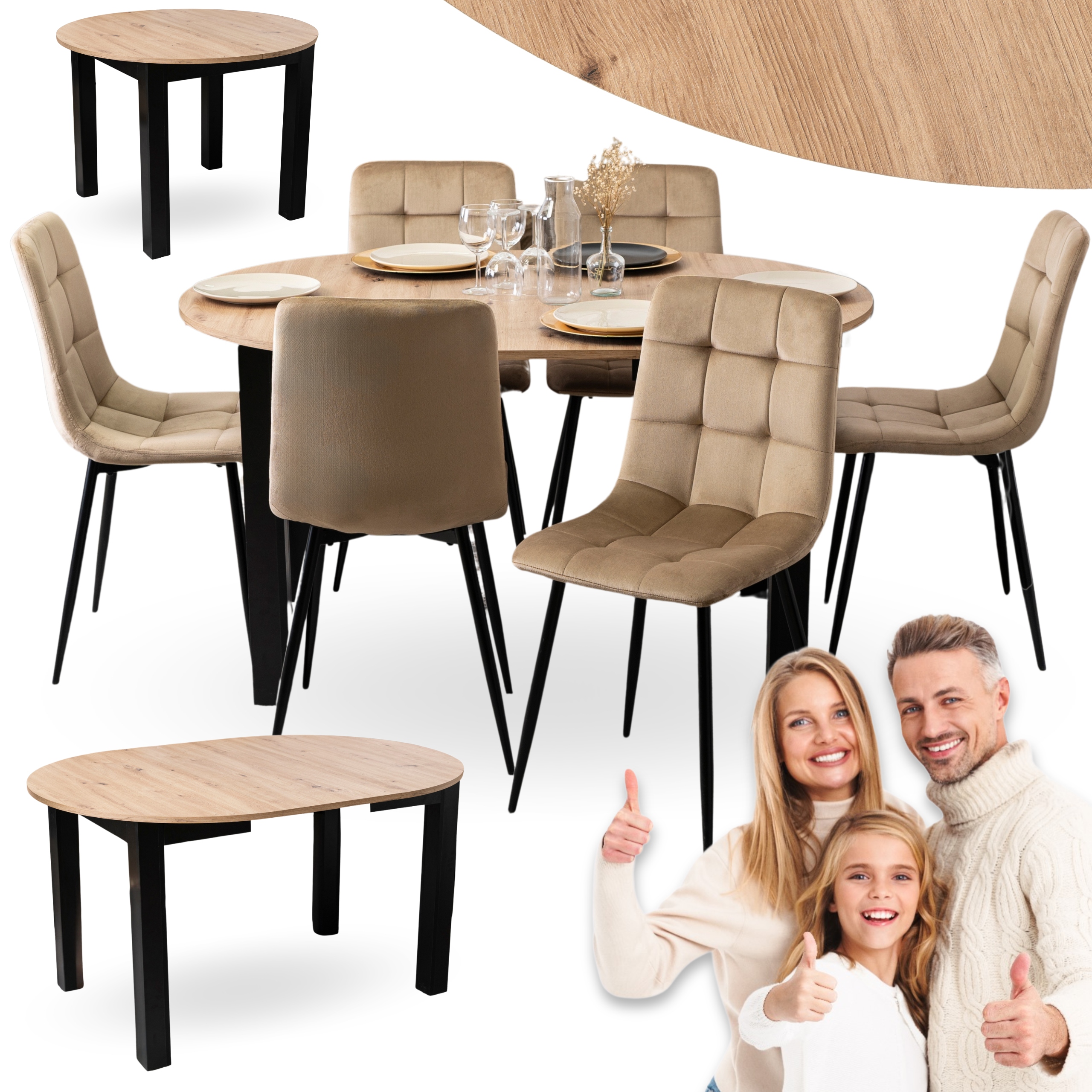 Sada rozkládacího stolu Kulatý kuchyňská židle Sada čalouněná béžová 6x