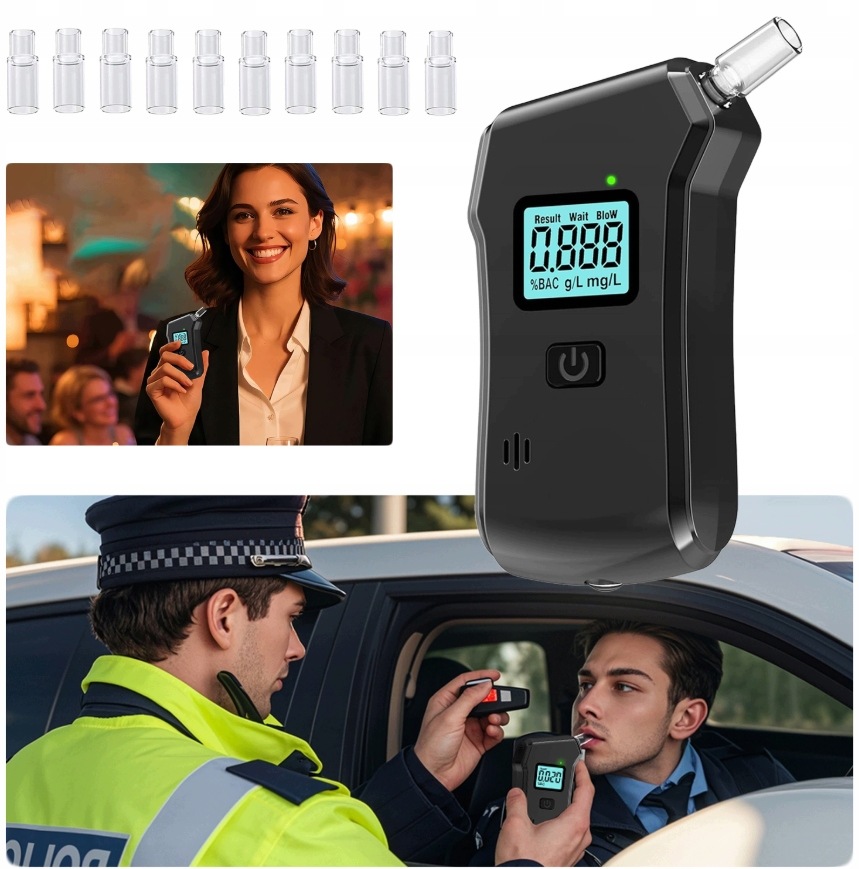 Profesionální alkoholtester s pouzdro, 10 náustků, vysoká přesnost jako policejní