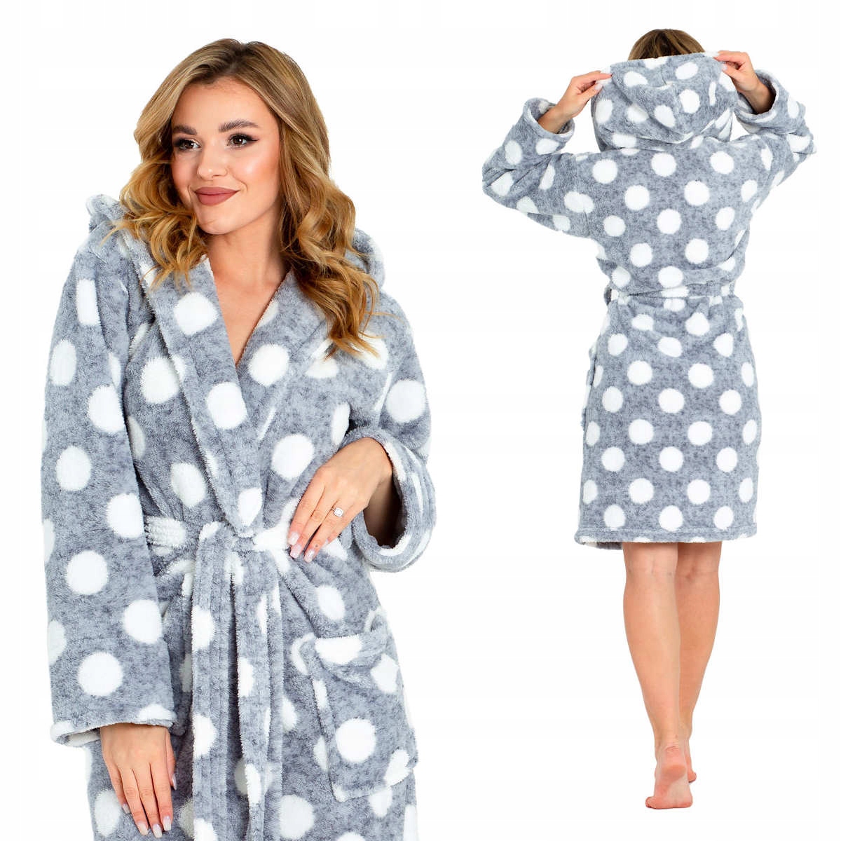 

Puchaty szlafrok damski z kapturem w kropy L/XL Kr