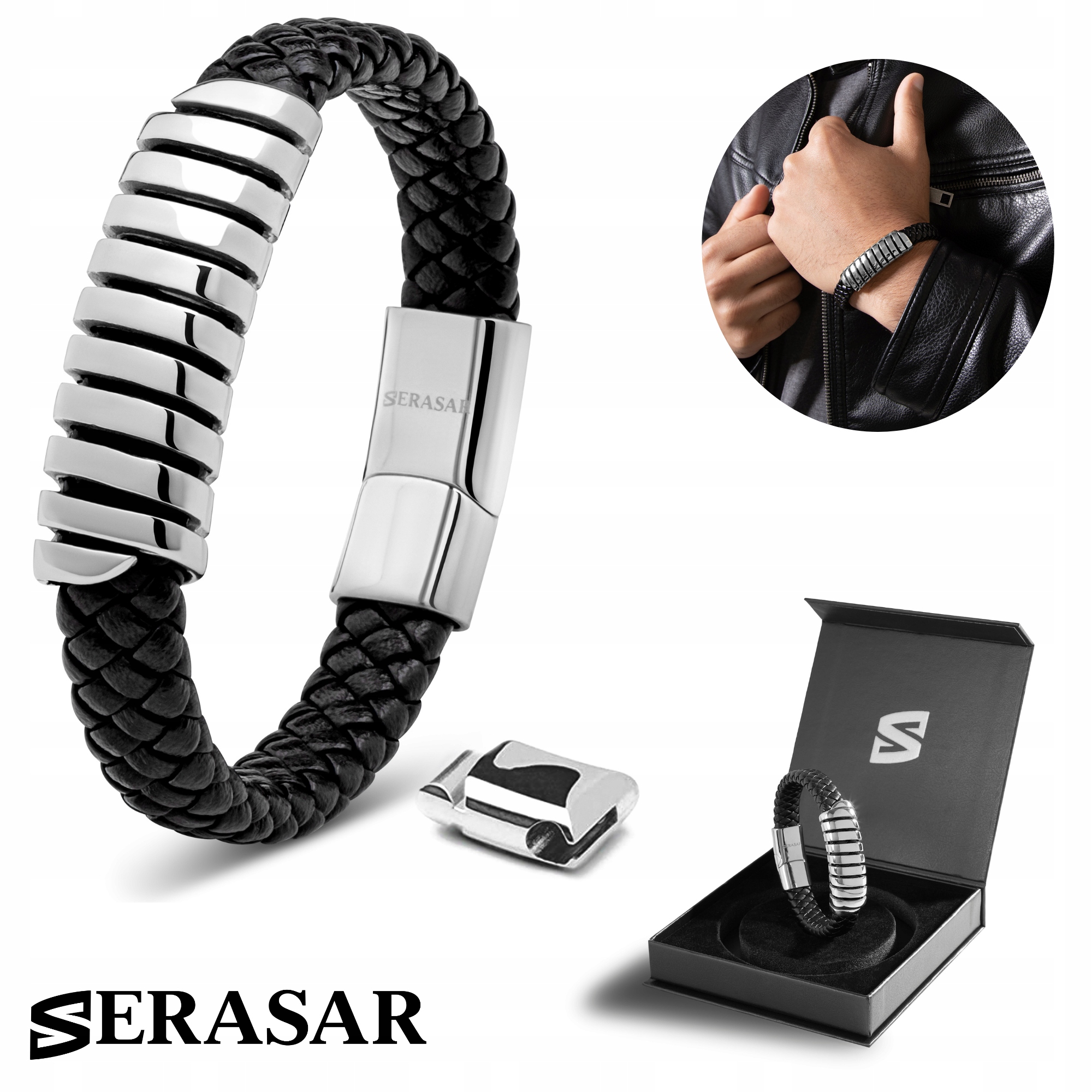 Serasar, Pánský kožený náramek [Helix] stříbrný, 20 cm