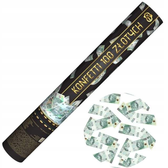 TUBA KONFETTI banknoty 100 ZŁOTYCH strzelająca forsa spada z nieba