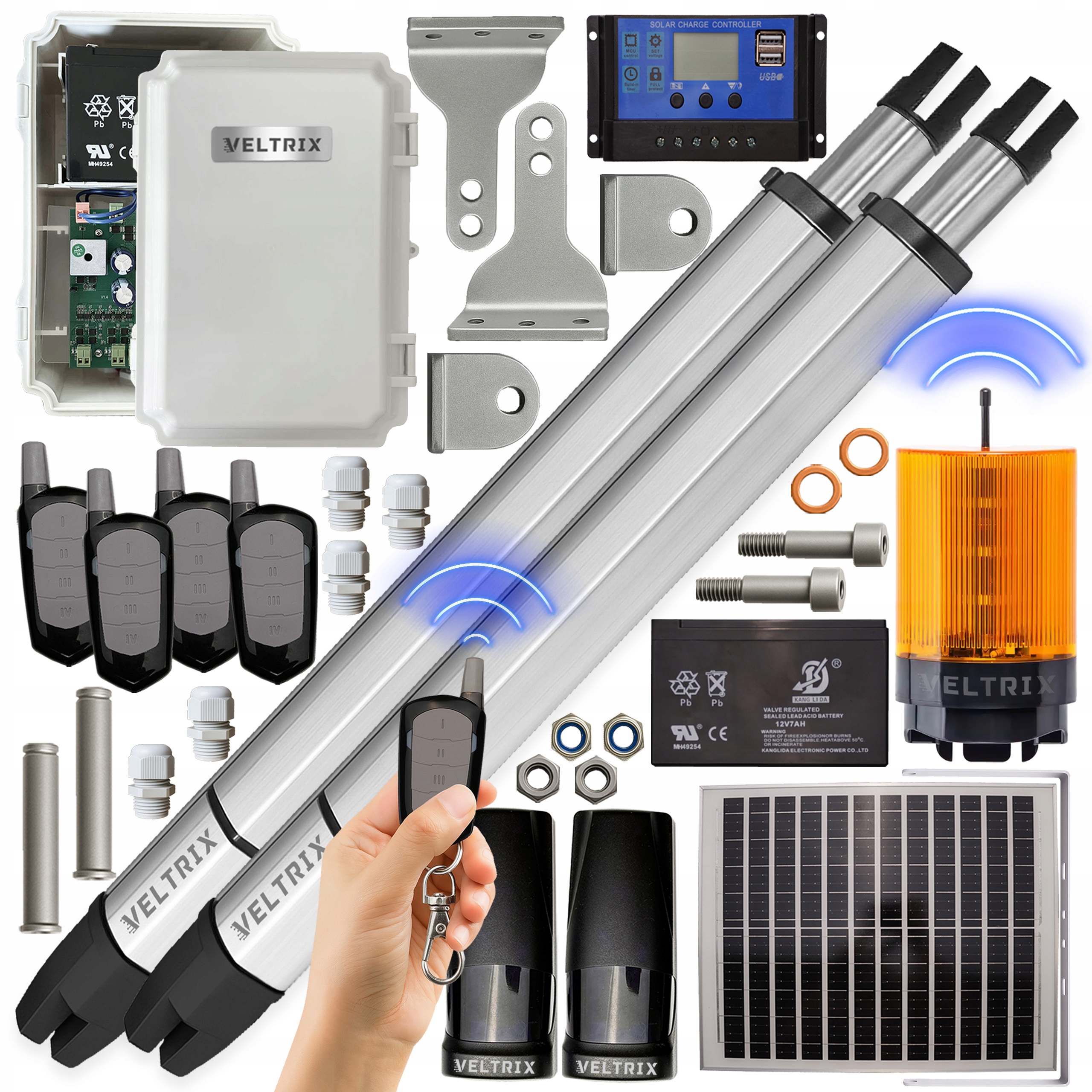 Napęd bramy dwuskrzydłowej 2x2m 400kg Zestaw Solarny Lampa Led piloty