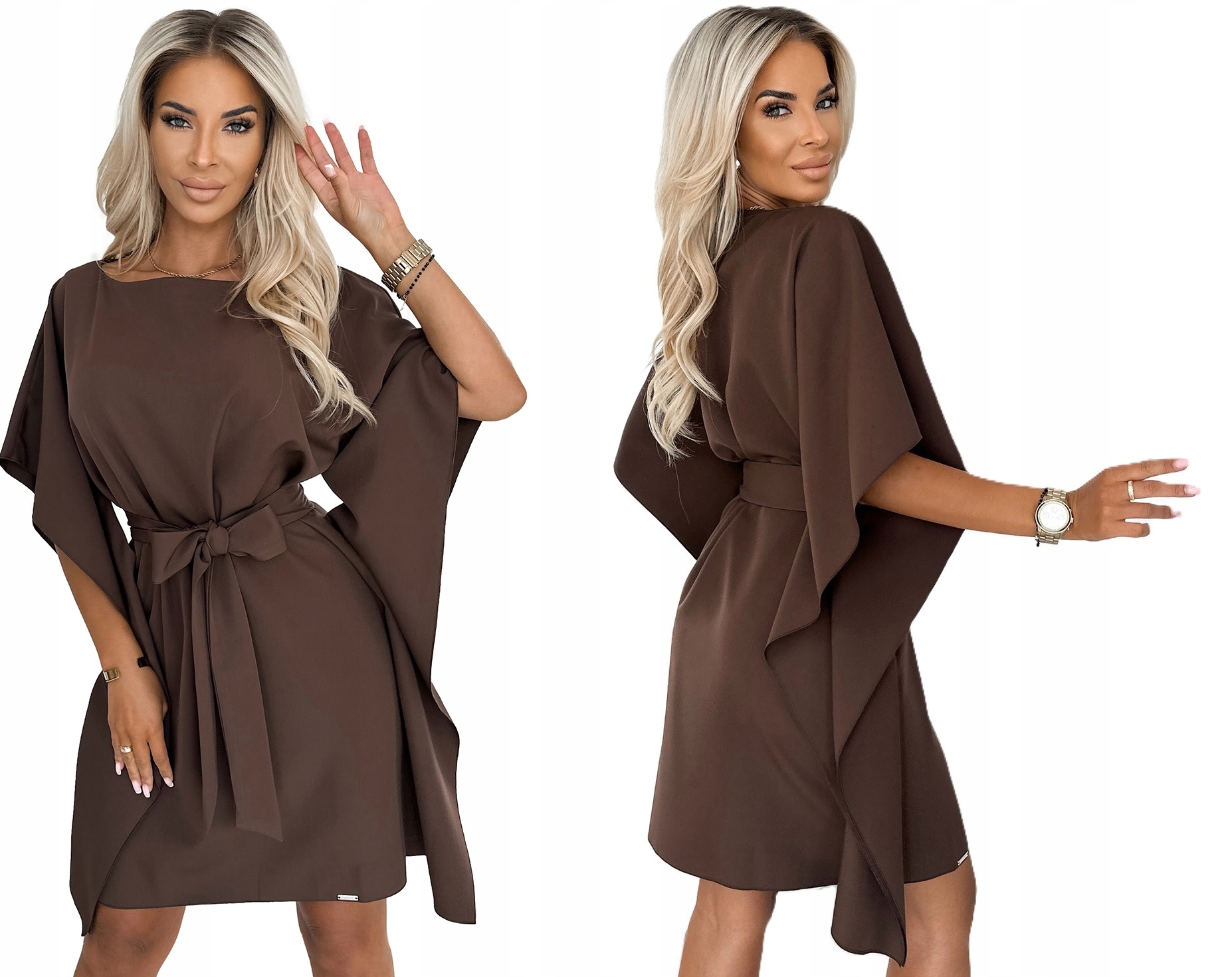 Volné Zavazovací Šaty Motýl Asymetrické Rukávy Čokoládová S/m