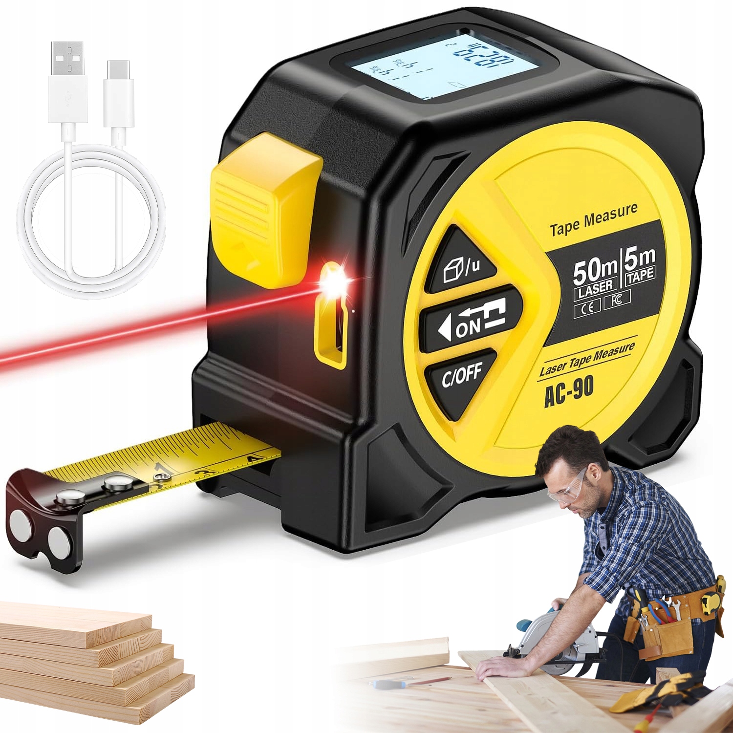 Laserový Dálkoměr S Odměrkou 50 M Digitální LCD Přesnost 2 MM Nabíjení Typ C