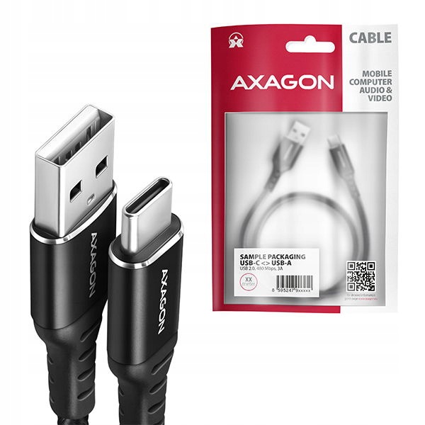 Axagon BUCM-AM10AB, kabel Hq Usb-c '-> Usb-a, 1m, Usb 2.0, 3A, Alu, plecionka