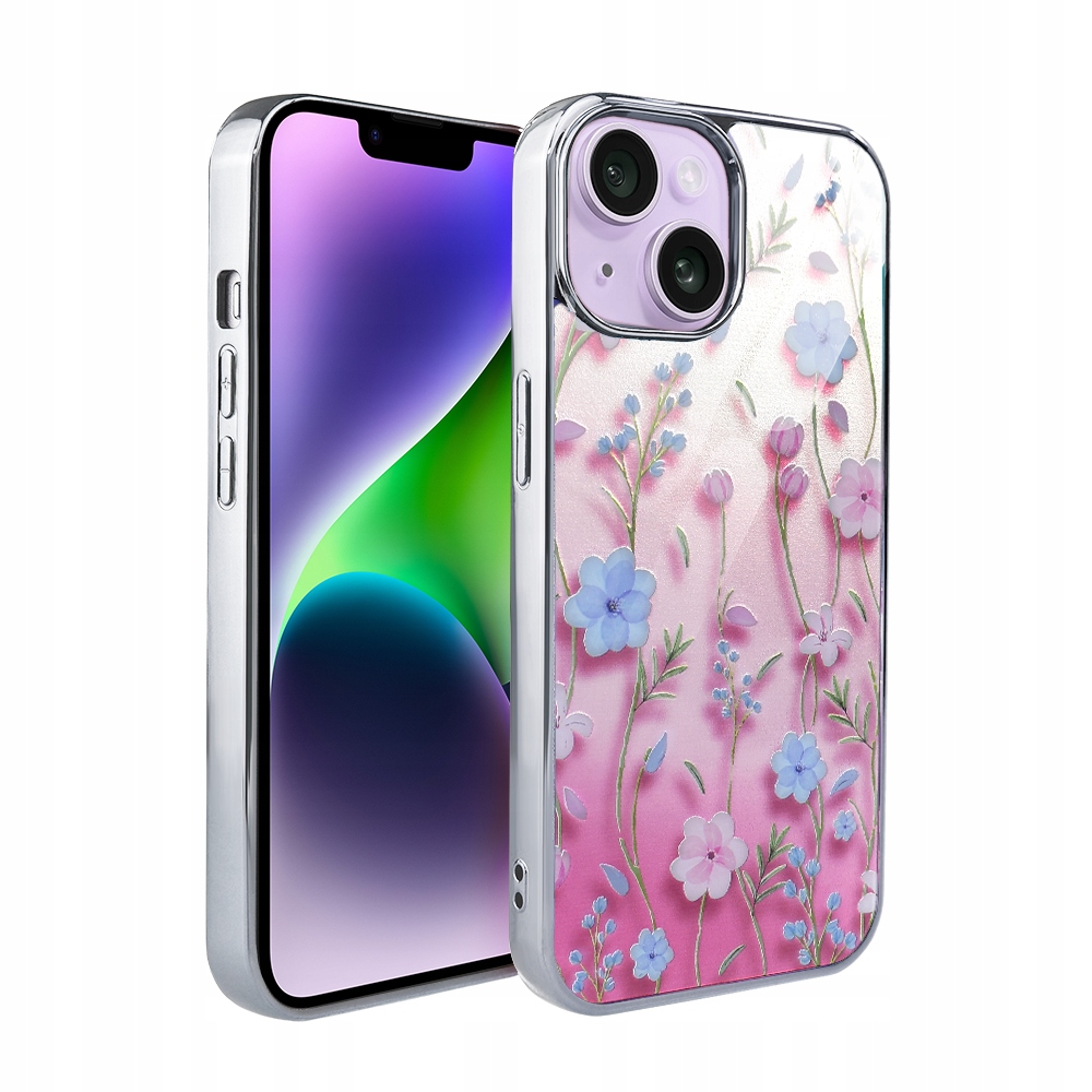 Pouzdro pro iPhone 14 Ibizu Elite Glass 3D, skleněná zadní strana, letní květiny, stříbrné