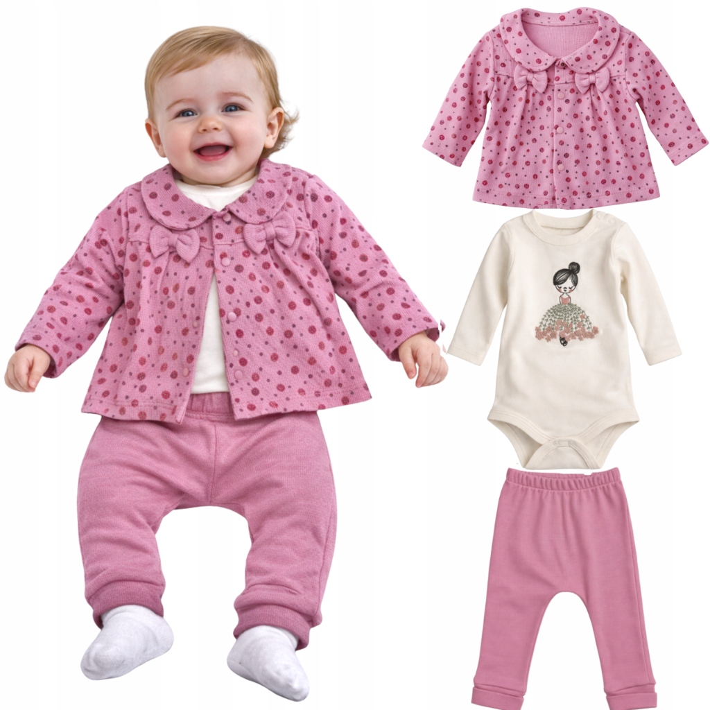 Komplet niemowlęcy dla dziewczynki Bluza Spodenki Body bawełna 80
