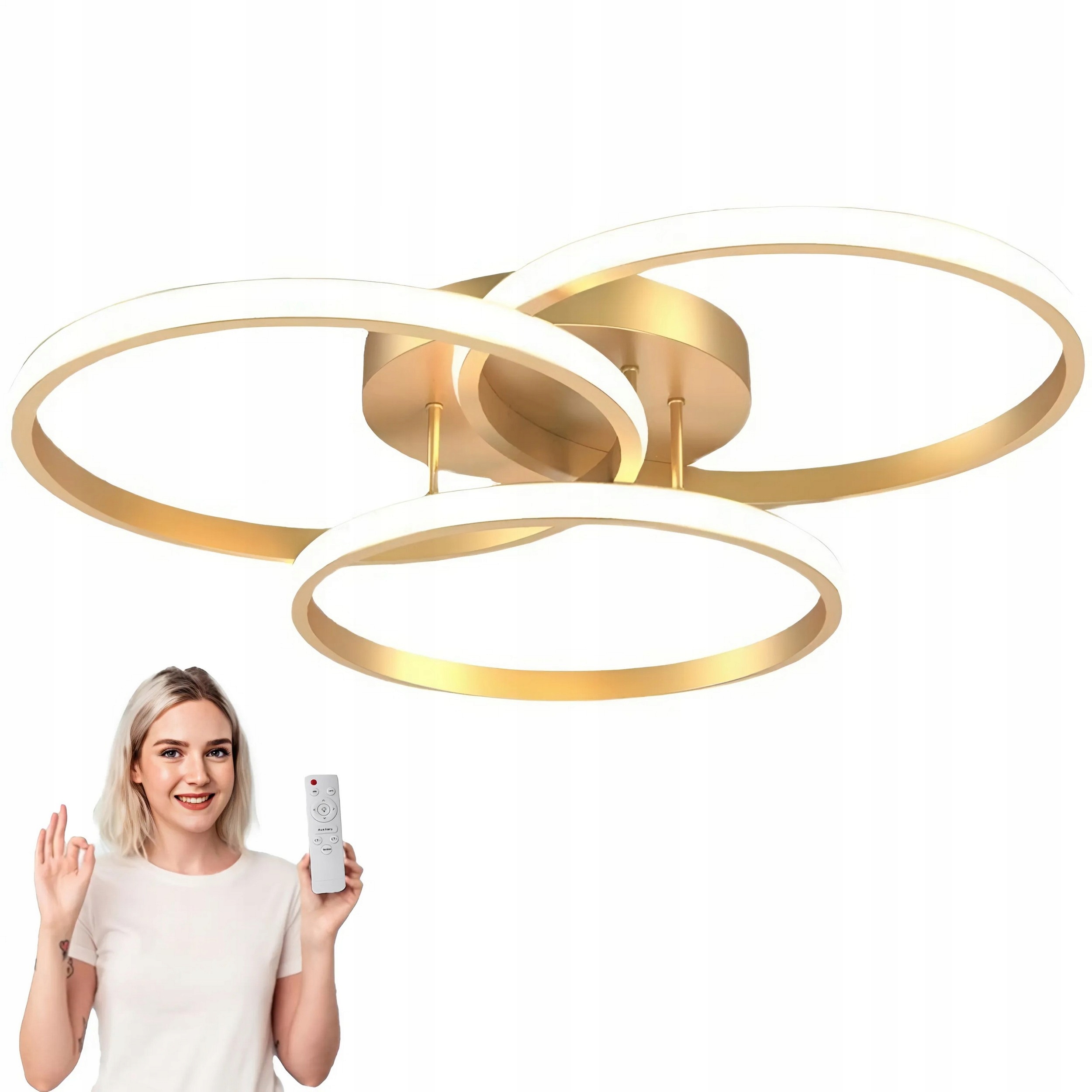 LAMPA SUFITOWA LED ZŁOTA PLAFON LOFT, OKRĘGI WISZĄCA + PILOT 3 KOLORY