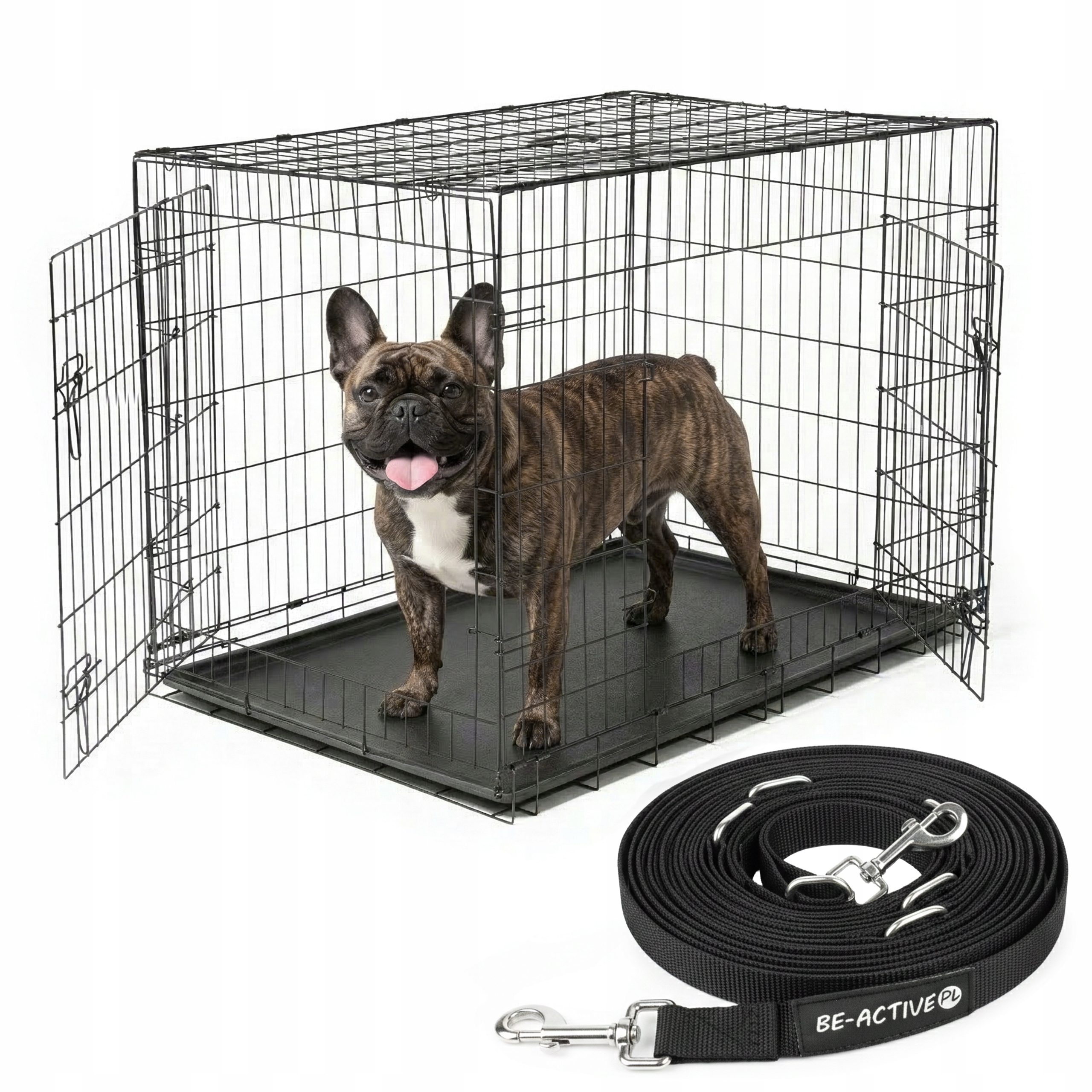 Levně Klec Pro Psa Kovová Kennelová L Přepravka Zvířat 78x46x52 Vodítko 5M
