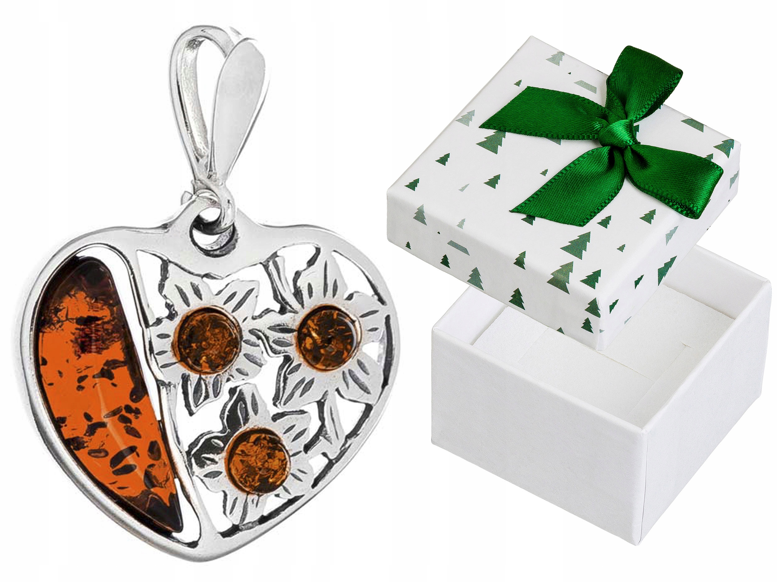Stříbrný přívěsek Srdíčko s jantarem Oxidovaný Přívěsek Srdce Květiny