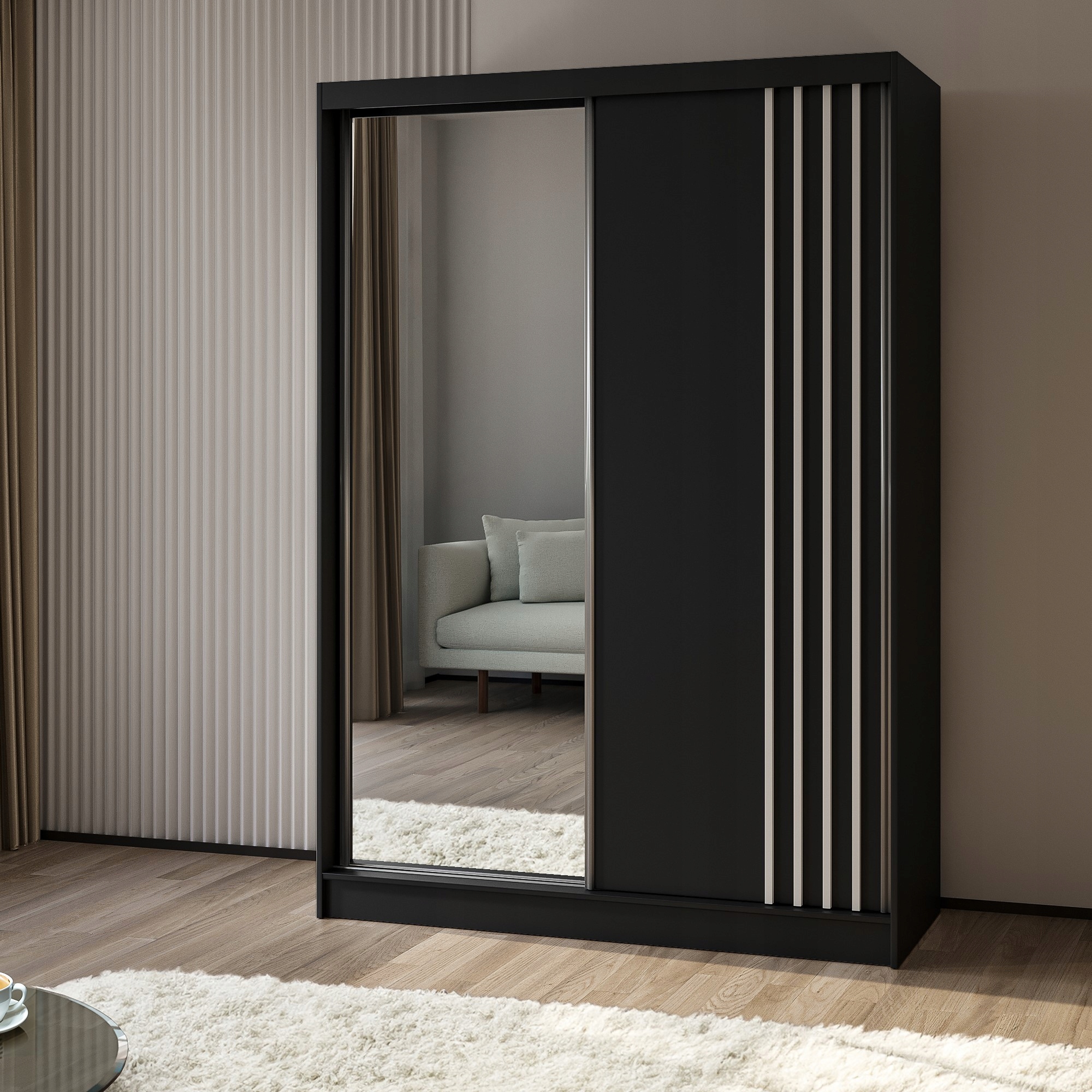 Skříň dvoudveřová Nelvia 150 cm Skříň se zrcadlem Posuvná černá