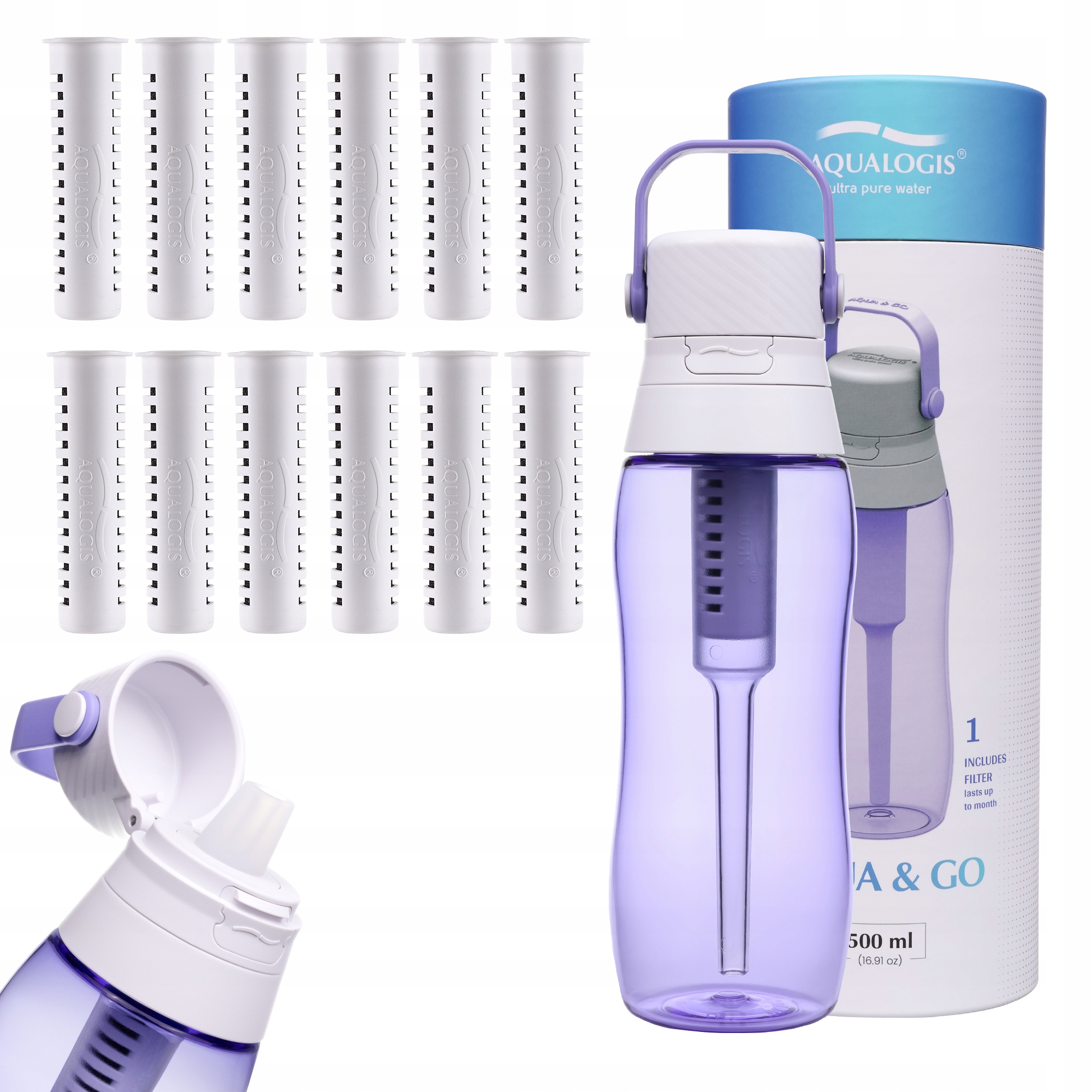 Filtrační láhev Aqualogis Aqua&Go 500 ml Levandulová s 12 filtry
