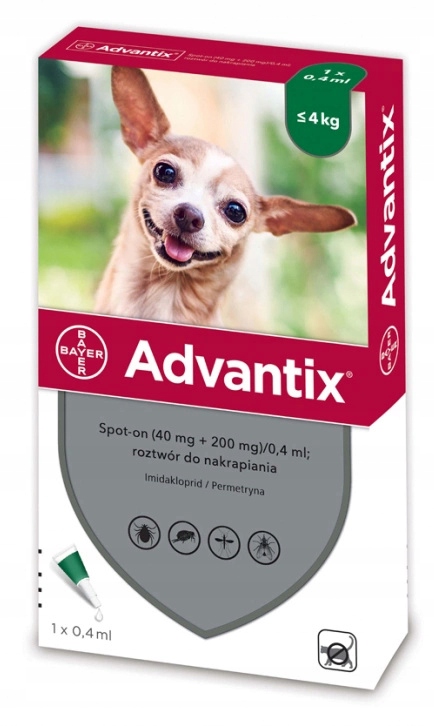 Advantix krople dla psów do 4kg 0,4ml X4 pipety na pchły i kleszcze