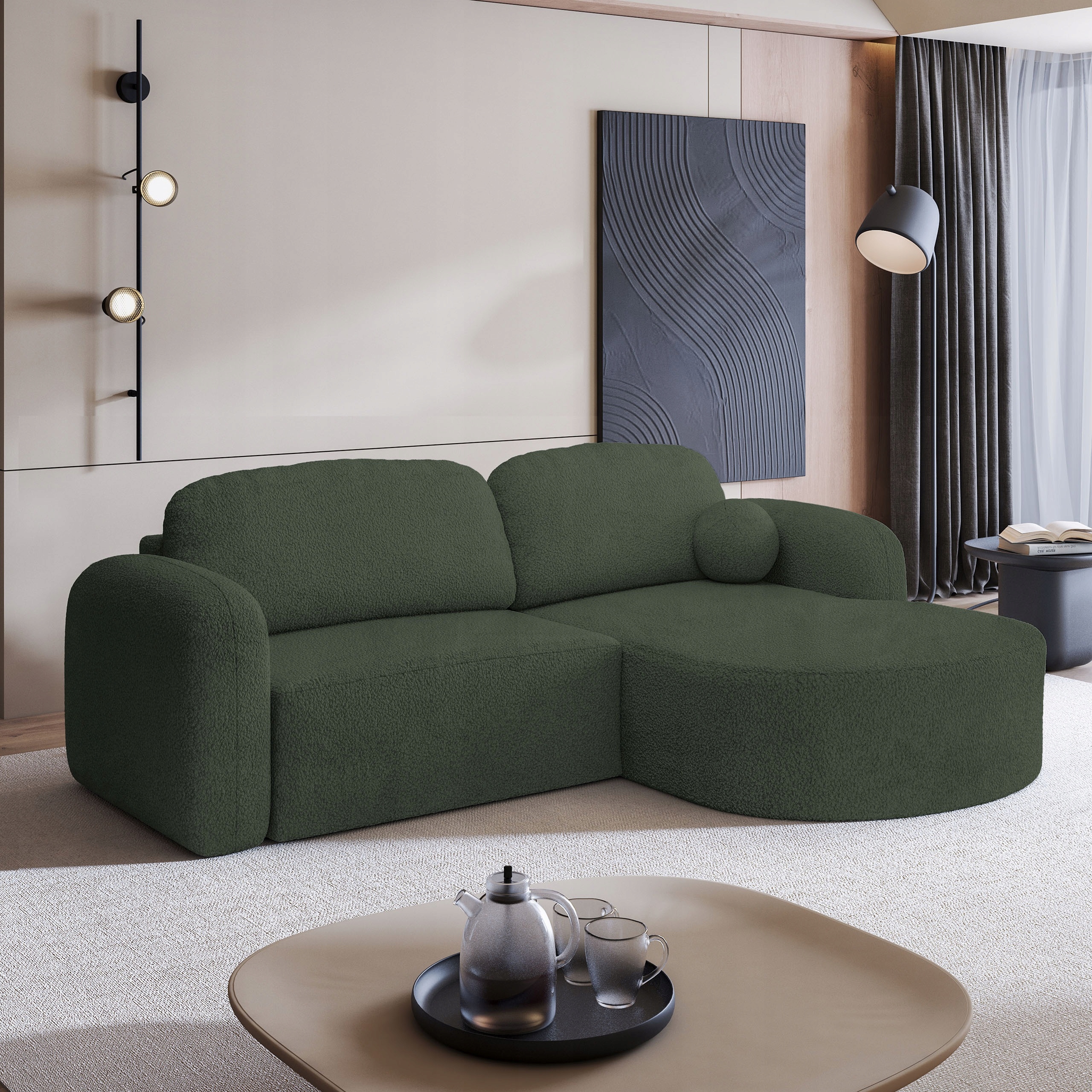 Rohová Sedací Souprava Amilia Funkce Spaní Moderní Boucle Beránek Zelený