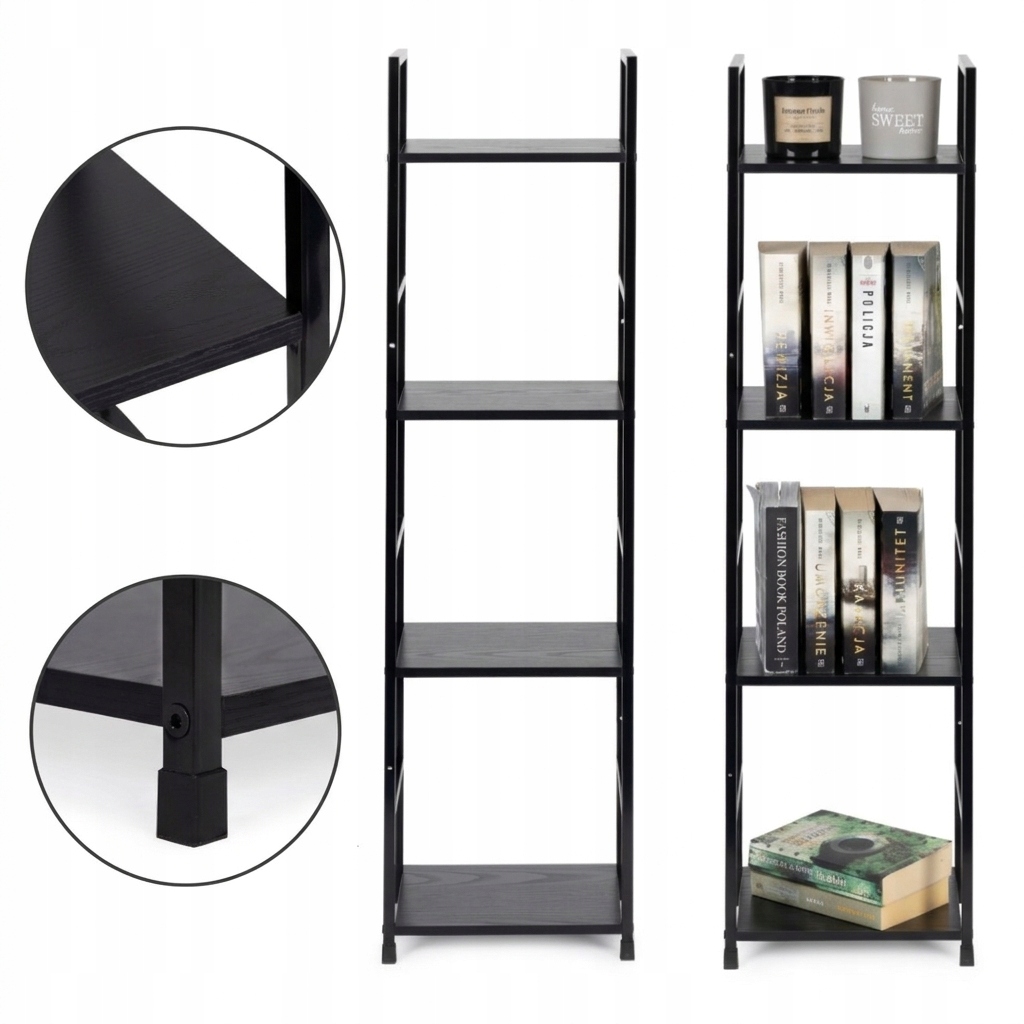 Dřevěný regál Moderní kovový rám Loft 4 police Černý