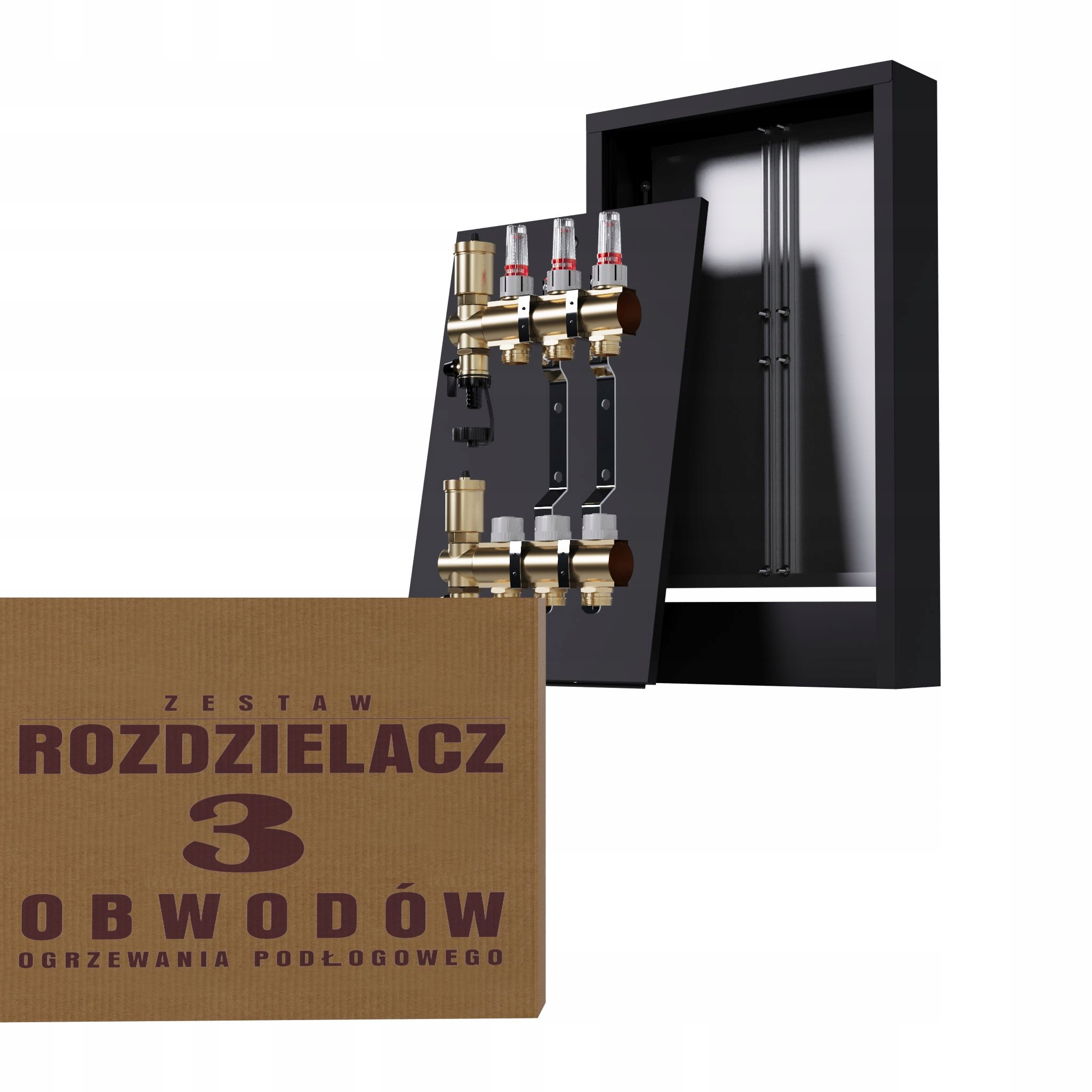 Rozdělovač na podlahy mosazný 3-okruhový a nástěnný box černý