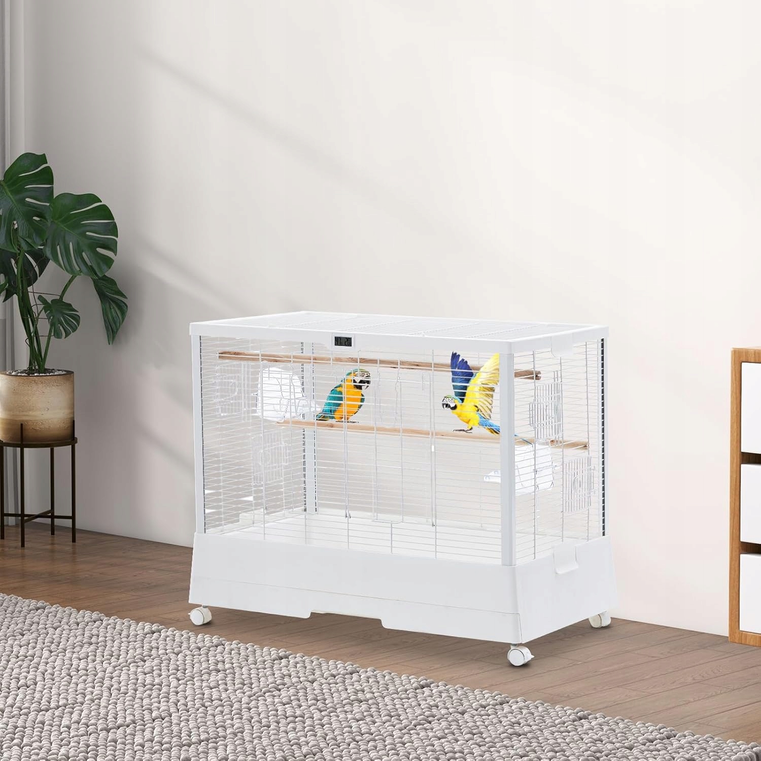 Levně Přenosná kovová klec pro ptáky s kolečky a vyjímatelným podnosem – Bílá